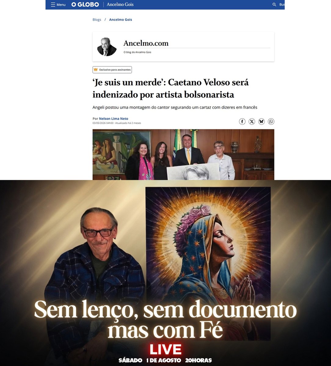 marcoangeli's tweet photo. A justiça do Rio de Janeiro me condenou a indenizar o cantor Caetano Veloso, em processo movido por ele.
Ontem, ao postar essa decisão, me surpreendi com a quantidade de amigos que, generosamente, se dispuseram a me ajudar.
O que, neste momento especialmente difícil em que vivemos, será bem vindo, evidentemente.
Para retribuir aos amigos que me ajudarem nessa, vou fazer um sorteio entre todos de minha pintura da Virgem de Guadalupe, original, no tamanho de 80x60cm.
Amanhã, estarei com a jornalista Regina Vilella conversando sobre o processo e passando detalhes, PIX, etc.
Agradeço antecipadamente a todos.
E vamos em frente.
Link para a transmissão no You Tube amanhã:
https://t.co/Rh9vPwhT58