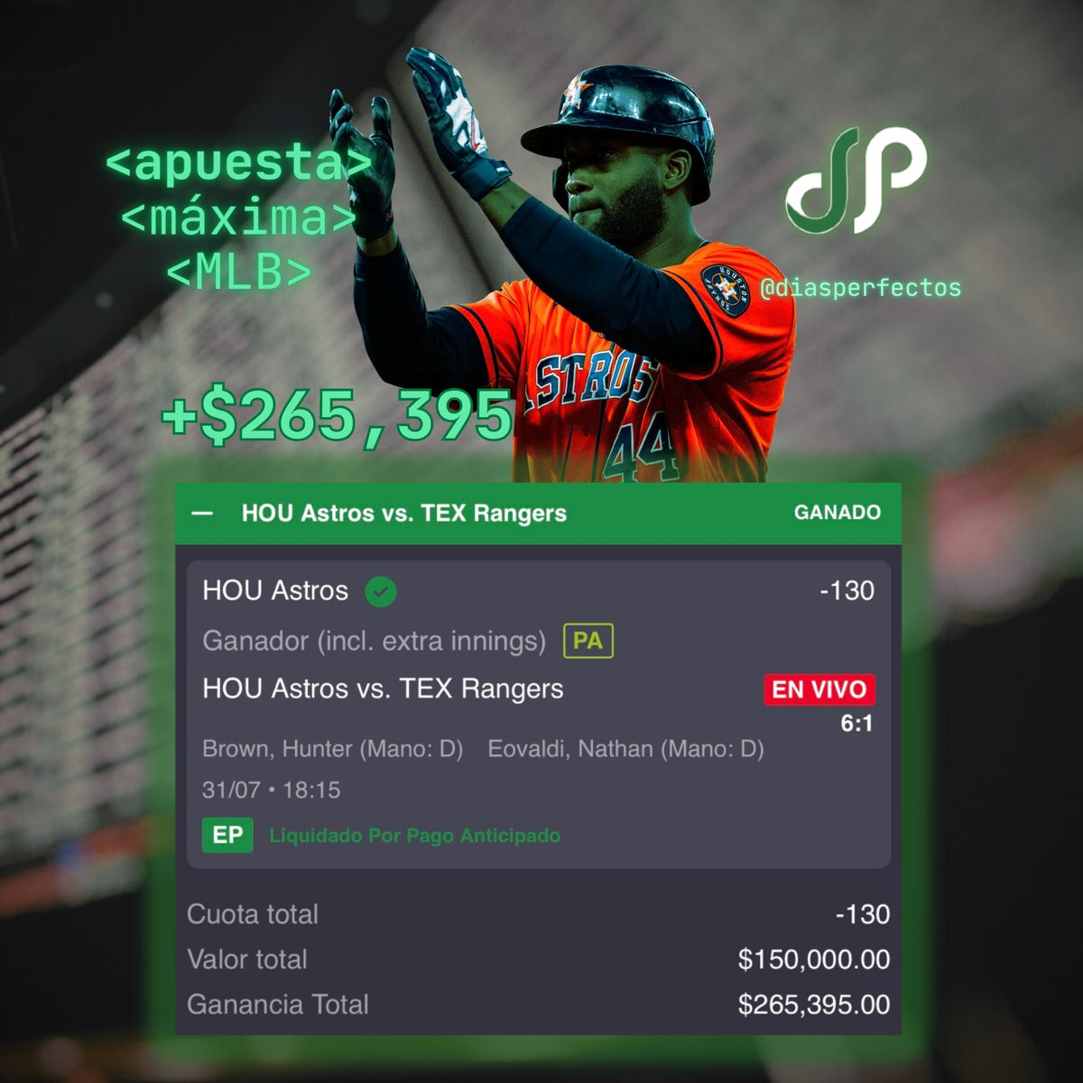 DiasPerfectos's tweet photo. GANAMOOOS LA JUGADA DE $150,000 CON PAGO ANTICIPADO ✅ ASTROS ML 🔒

CERRAMOS JULIO CON RÉCORD DE 15-8 EN ESTAS JUGADAS Y 28-13 DESDE JUNIO 🎯

A SEGUIR EN FUEGO EN AGOSTO 🔥🔥🔥 https://t.co/CdMPeBcLdJ