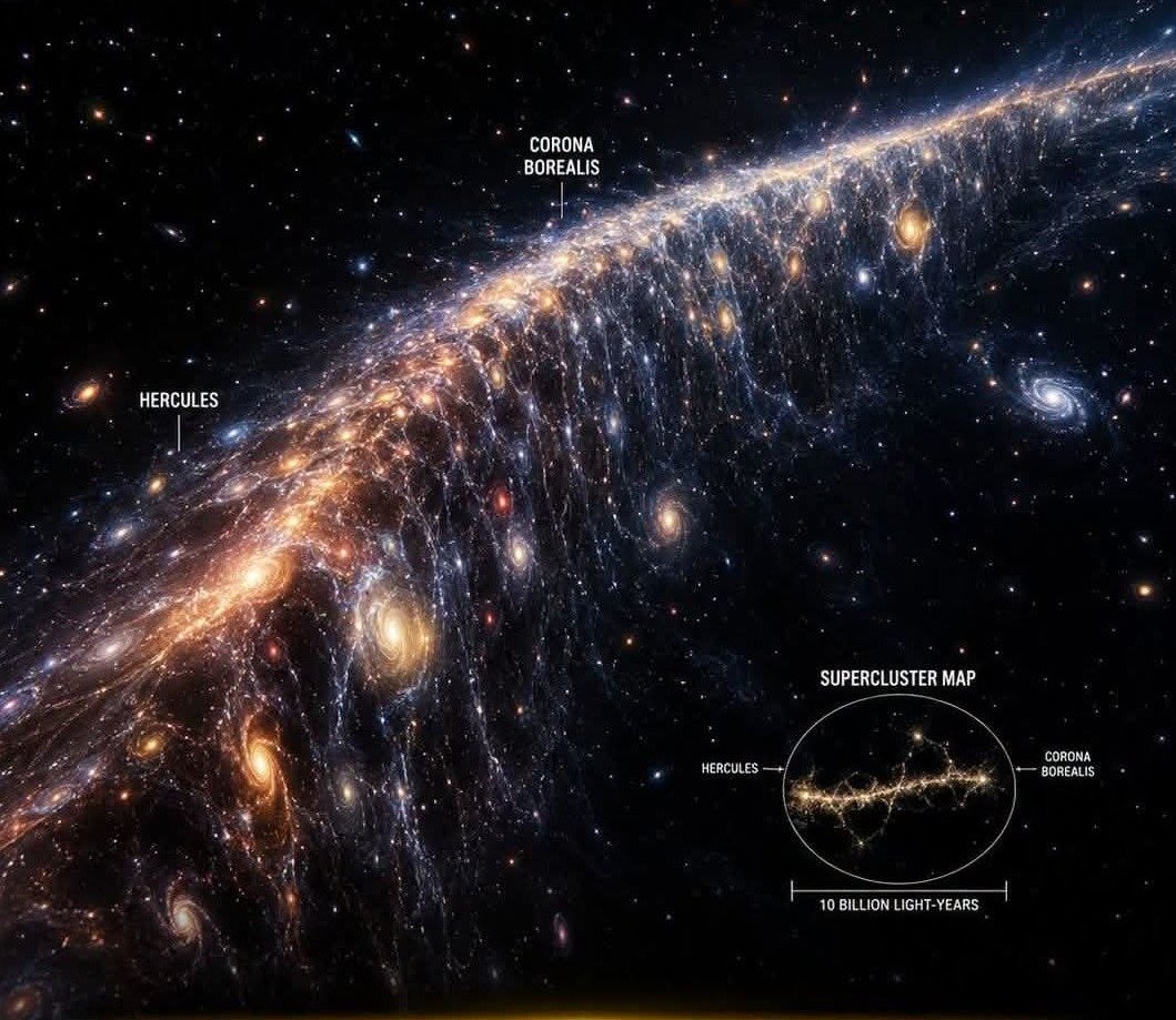 konstructivizm's tweet photo. 🌌 THE LARGEST STRUCTURE IN THE KNOWN UNIVERSE?

Picture something so vast that a beam of light—racing at nearly 300,000 kilometers every second—would still take billions of years to cross from one end to the other.

That something is the Hercules–Corona Borealis Great Wall, currently one of the largest known structures in the observable universe.

Don’t picture a solid barrier. This “wall” is a colossal filament of the cosmic web: a sprawling concentration of galaxies, galaxy clusters, and dark matter stretched across an estimated 10 billion light-years.

Astronomers first spotted it in 2013 while mapping gamma-ray bursts—the most violent explosions in the cosmos. An unexpected clustering of these distant beacons revealed a gigantic overdensity of matter spanning roughly one-tenth the diameter of the entire observable universe.

For scale: our Milky Way is about 100,000 light-years across. The Hercules–Corona Borealis Great Wall is roughly 100,000 times larger.

Its sheer size poses a serious challenge to the cosmological principle, which assumes that on the largest scales the universe should look roughly the same in every direction. Most models predicted that coherent structures shouldn’t grow much beyond about 1.2 billion light-years. This one appears to smash that limit.

Researchers continue to debate whether it is a single, truly connected structure or a statistical alignment of smaller clusters. Either way, it ranks among the most mind-bending discoveries in modern cosmology.

The universe is not a random scattering of stars and galaxies. It is woven into patterns so immense they defy everyday imagination—and somewhere inside this gargantuan wall of galaxies floats our own tiny Milky Way, a humble reminder of just how small our place in the cosmos really is.