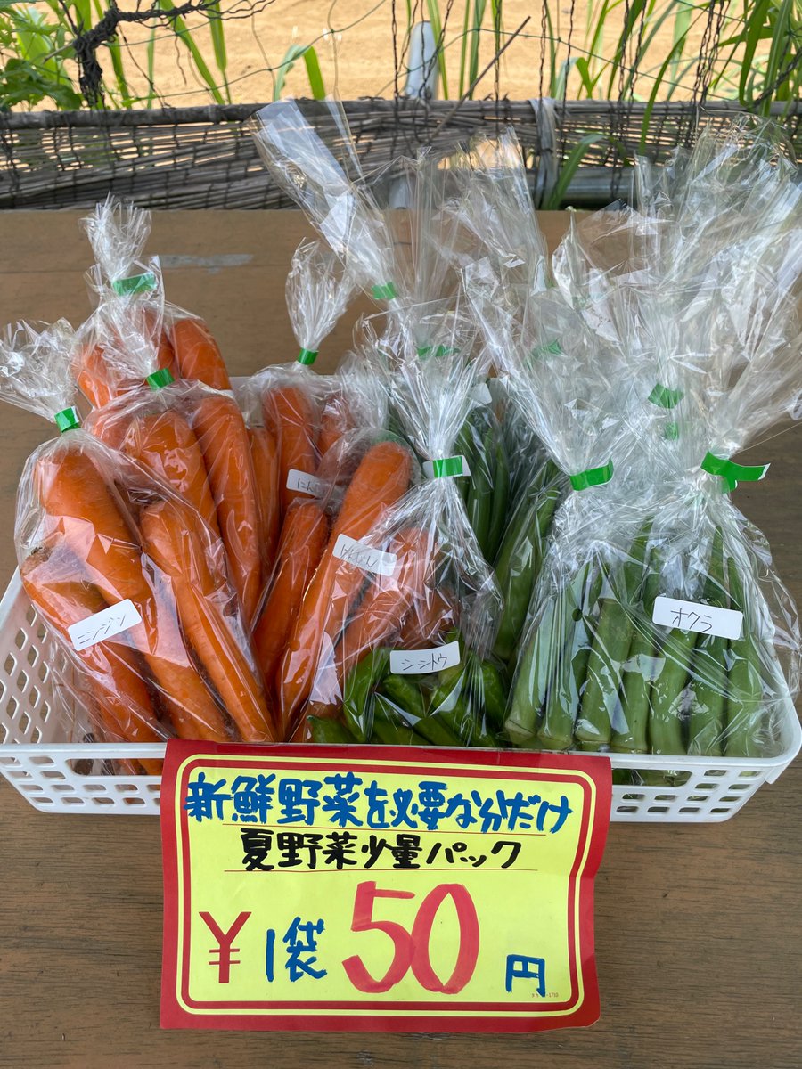 MujinYasai's tweet photo. こんにちは！
今日は彩夏祭ですね。
外に出る時は熱中症にお気を付けください☀️
本日はオクラがたくさんとれました。ニンジン🥕などもお手頃価格で販売中ですので、ぜひご利用ください。
今日も営業開始です！
#朝霞市 #野菜 #直売所 #夏野菜 #オクラ #ニンジン https://t.co/twaACI7j1h