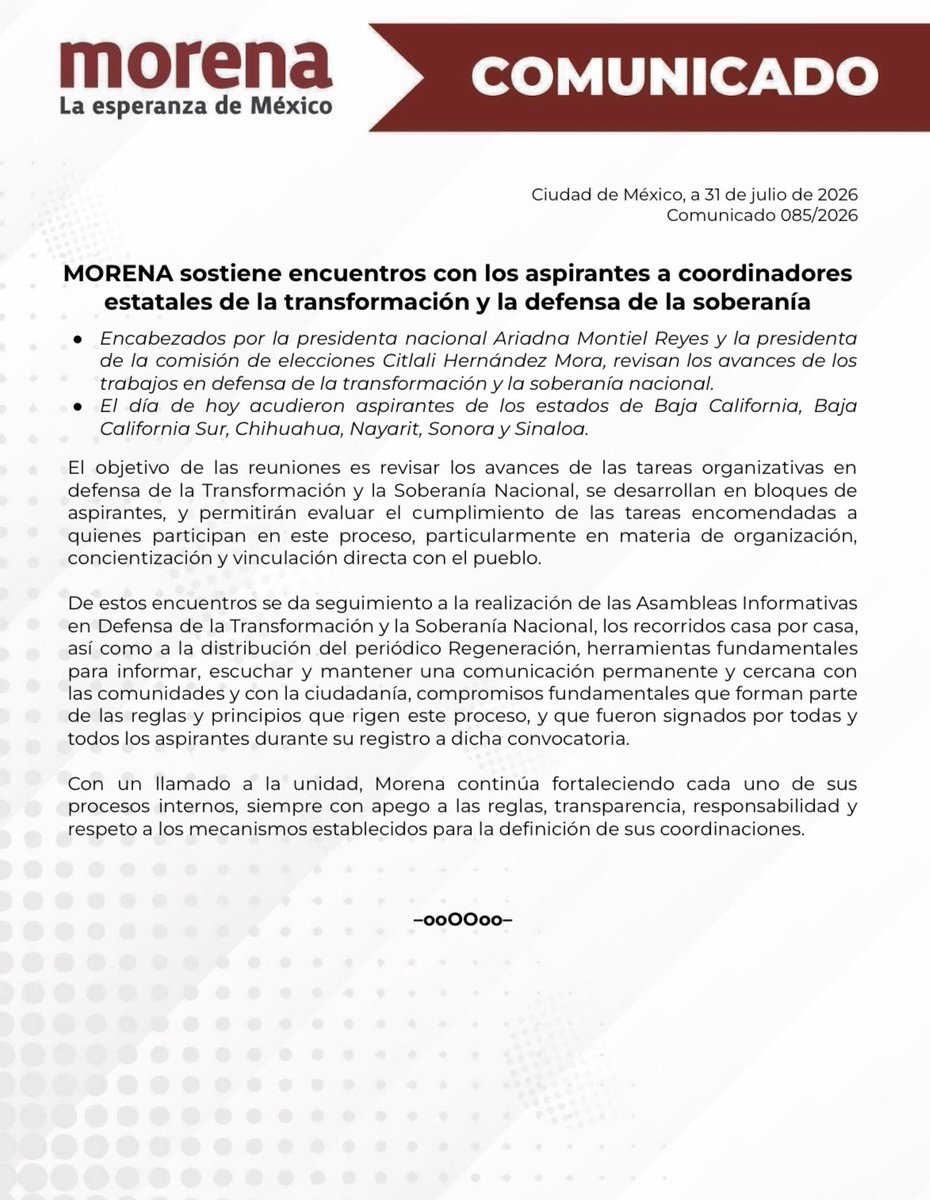 PartidoMorenaMx's tweet photo. 📌📰 El CEN de Morena comparte comunicado de prensa:

MORENA sostiene encuentros con los aspirantes a coordinadores estatales de la transformación y la defensa de la soberanía

🔗 https://t.co/S0VbkNzcq8 https://t.co/hTMhzpFLBU
