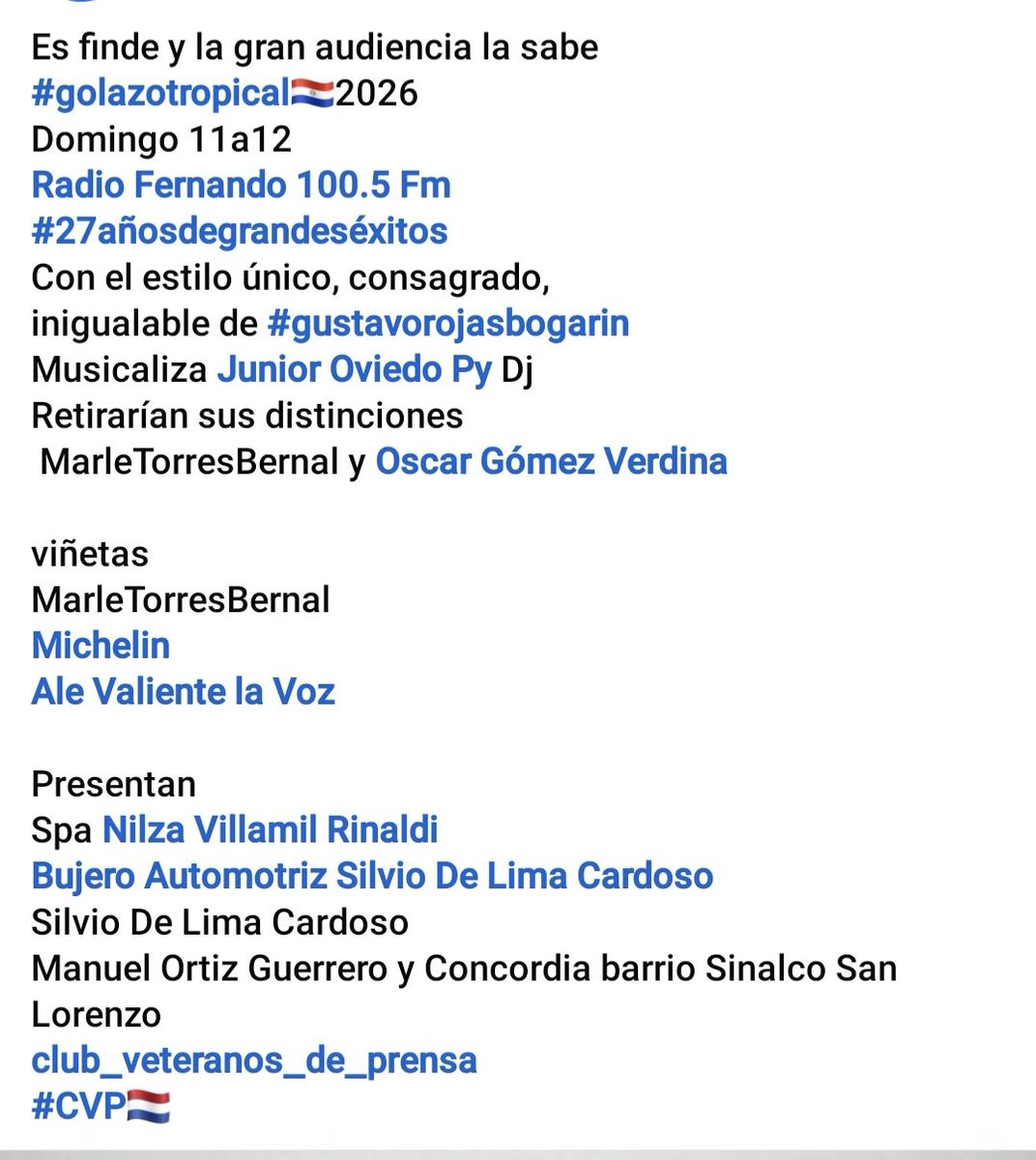golazotropical1's tweet photo. #golazotropical🇵🇾2026
Domingo11a12
#RadioFernando1005FM
#27añosdegrandeséxitos
Estilo único, consagrado,
inigualable #gustavorojasbogarin
Musica @JuniorOviedoPy
Distinciones
@MarleTorresPy @oscargverdina
viñetas
@MarleTorresPy
@MichelinOrtiz
Presenta
@ClubVeteranos
#CVP🇳🇱 https://t.co/YI8lptVeOZ