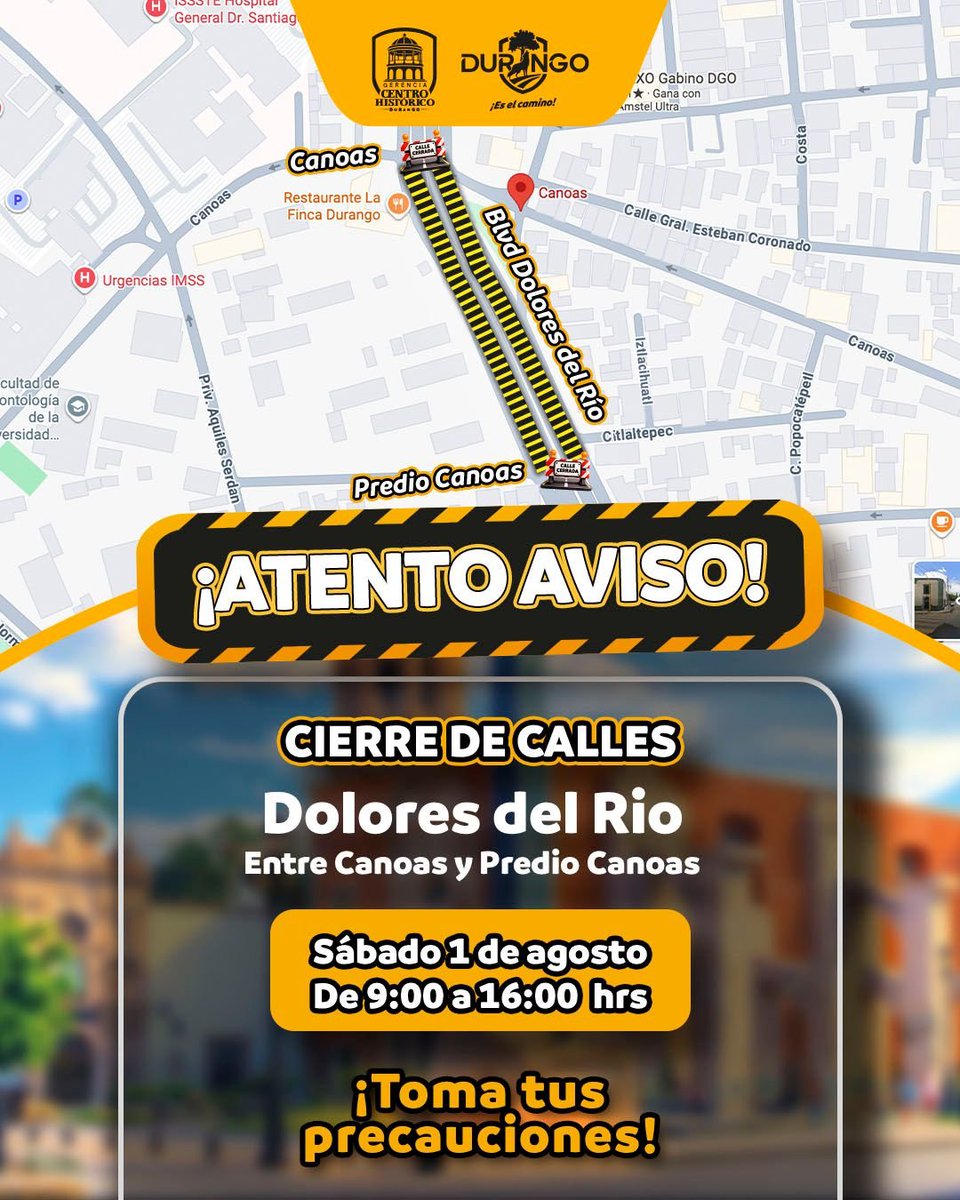 ObrasPublicasDG's tweet photo. 🚨Anuncio Importante🚨

Mañana Sábado 01 de Agosto, estaremos haciendo trabajos en distintos carriles del Bulevard Dolores del Rio, en un horario de las 9:00am a 4:00pm.

Pedimos tu comprensión y te sugerimos tomar vías alternas.

#EsteEsElCamino🐺 https://t.co/aWUakyy9Zx
