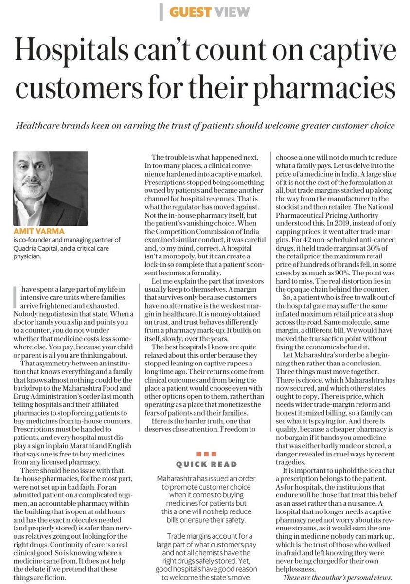 velumania's tweet photo. If Medicines or Diagnosis become core focus for a hospital, a strong marketing budget is must to get or sustain the trust. Mind you majority of looters operate as “Trust” 
Companies are cheaper than Trust - Ask @grok 
1. Truth, 2. Transparancy and 3. Trust are important in any relationship. Truth is always first. If there is no truth, there cannot be Transparency. If there is no Transparency, there cannot be  Trust.  When I read this article, I remembered a situation when my father  admitted in a hospital and my son was accompanying. In 2012. (Then had 1/10,000th of followers in SM) only.
Once my father was back home, my son came to me with the file.  
A bill was for Rs. 4500 for lab tests on admission. 
Son: This is loot. It costs Rs.200 reagent cost. We charge to common man just Rs.800. Lowest in India. We still have 40% EBIDTA.
Me: Then
Son: I told “We have a lab, can I get them done from there. They said we are quality conscious. We cannot trust outside labs. Our policy does not allow samples to go out”
Me: Then
Son: I said, Our lab is NABL accredited, CAP accredited.  They said sorry policy is that.
Me : Then
Son: I said, Our lab has bigger and better analysers than what you display in your website. They said, do not argue.

Innocent patients, in emergency would allow you to bleed them (I mean both blood and money) but it would be at the cost of Trust. Allow patients choose what they think is good. It is their life not yours. 

If trust is there every thing is there.
If trust is lost every thing is lost. 
Be it in any relationship.

Next time, if you feel you were looted for diagnosis, once the crisis is over, tweet it and tag me a copy of the bill. For major medical loots, let me be a small #cockroach  
 Loots in #Education and #Healthcare should be brought down by 10% every year. For a making India healthier and happier.