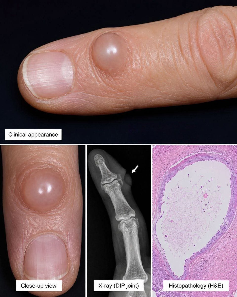 albertoortegana's tweet photo. Which hand lesion is classically associated with DIP osteoarthritis and longitudinal nail grooving?
A. Glomus tumor
B. Digital myxoid (mucous) cyst
C. Pyogenic granuloma
D. Herpetic whitlow https://t.co/PUogybFb9g