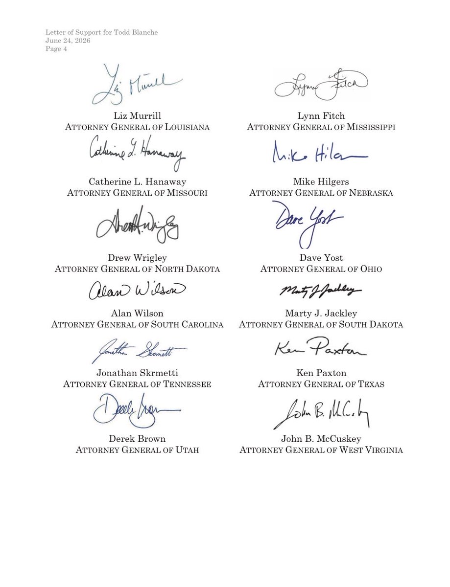 Scavino47's tweet photo. 23 State Attorneys General: “We, the undersigned state attorneys general, write to express our strong support for the nomination of Todd Blanche to serve as the next Attorney General of the United States. The Attorney General occupies one of the most consequential positions in our constitutional system. As chief law enforcement officers, we recognize that the office demands principled leadership, effective management of a vast law enforcement enterprise, fidelity to the rule of law, and a commitment to protecting public safety. We are confident that Mr. Blanche is the right person at the right time.… [W]e urge the Senate to swiftly confirm Todd Blanche as United States Attorney General. We look forward to working alongside him to uphold the Constitution, protect our communities, and ensure equal justice under the law.” #ConfirmBlanche