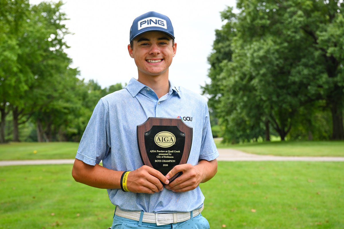 AJGAGolf's tweet photo. Trophy time 🏆

Blaise Barnum (-9) celebrates after an impressive victory at #PreQuailCreek. https://t.co/5v1uQjWDFF