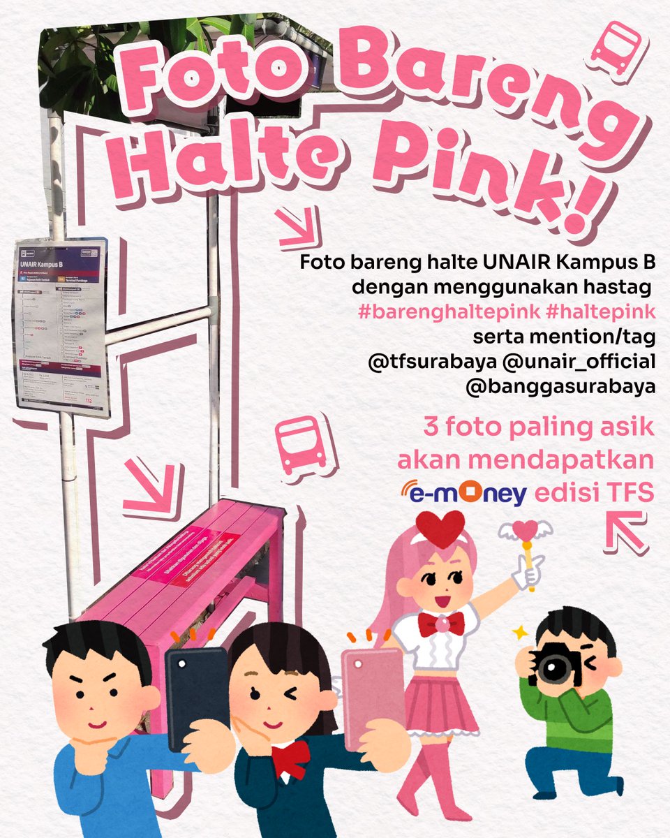 tfsurabaya's tweet photo. Ayo Foto Bareng Halte Pink!

Menyambut mensiversary halte pink Unair Kampus B, transmin adain kompetisi foto bareng di halte viral satu ini. Syaratnya, unggah di feed kamu pakai hashtag #barenghaltepink #haltepink dan mention @tfsurabaya @unair_official @banggasurabaya

Buat 3 foto paling asik (menurut keyakinan transmin), kami bakal memberikan buah kasih sayang dari atmin Transport for Surabaya.