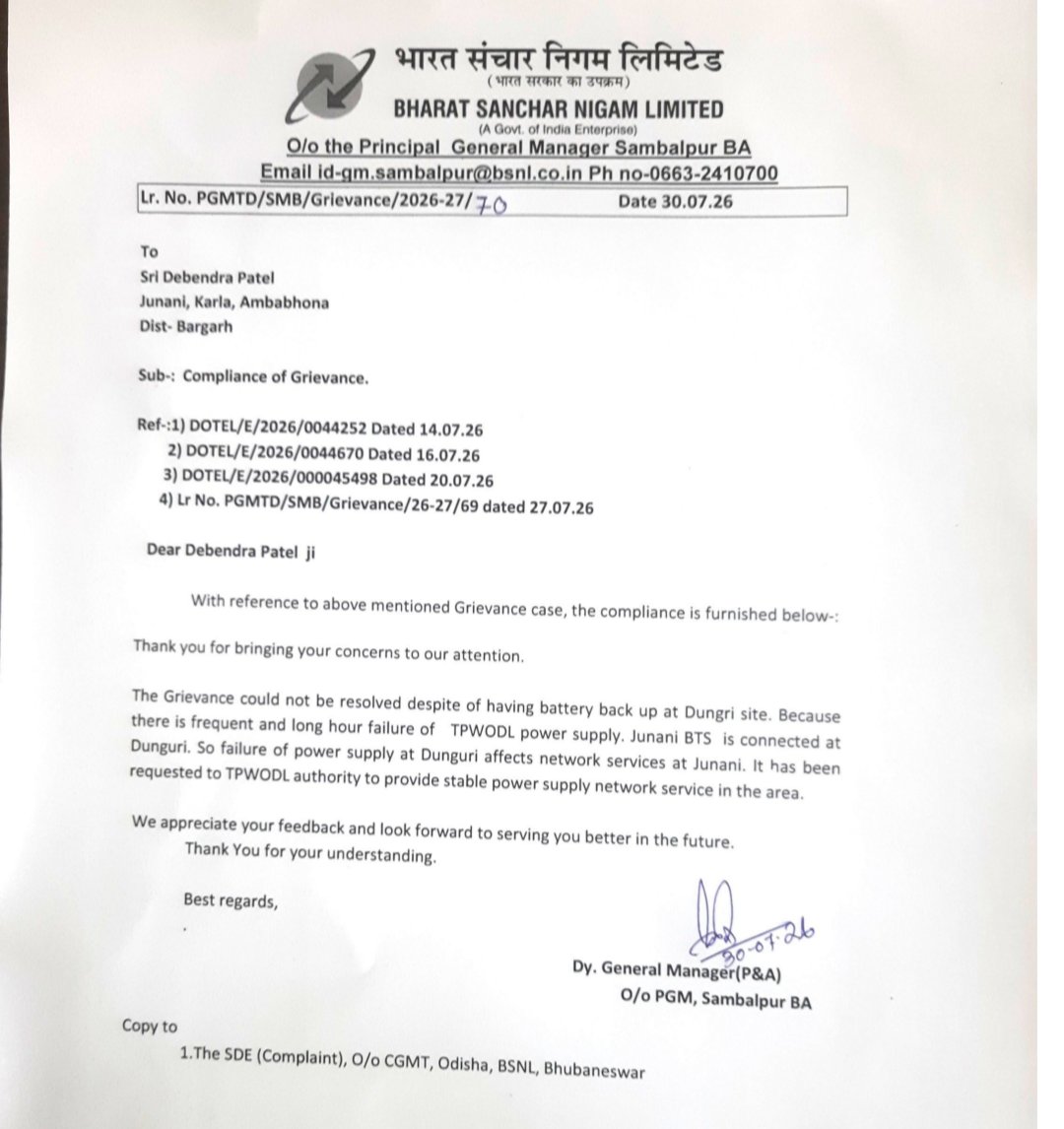 DebenPatel1's tweet photo. Urgent action needed @tpwodl @EnergyOdisha! ⚡
BSNL's official response explicitly blames persistent TPWODL power outages at Dunguri for crippling Junani tower &amp; local mobile services.
  
Please fix this issue @CollectorBargarh @CMO_Odisha @TPWesternOdisha https://t.co/9VEILoRkh4