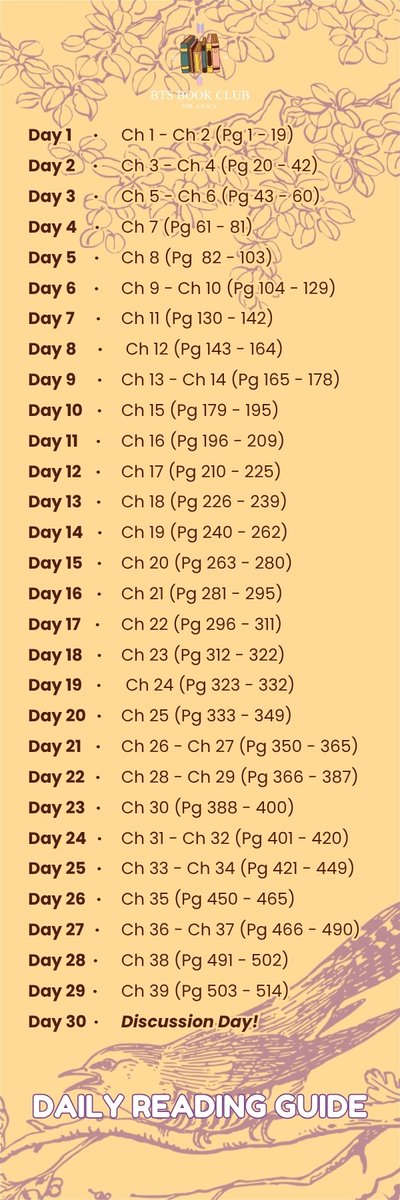BTSBookClub_twt's tweet photo. A new months means a new book, so here's our reading guide for August's pick π Happy reading! ππ±
#BTSBookClub #BTSARMY https://t.co/O5VBG6g9Lj