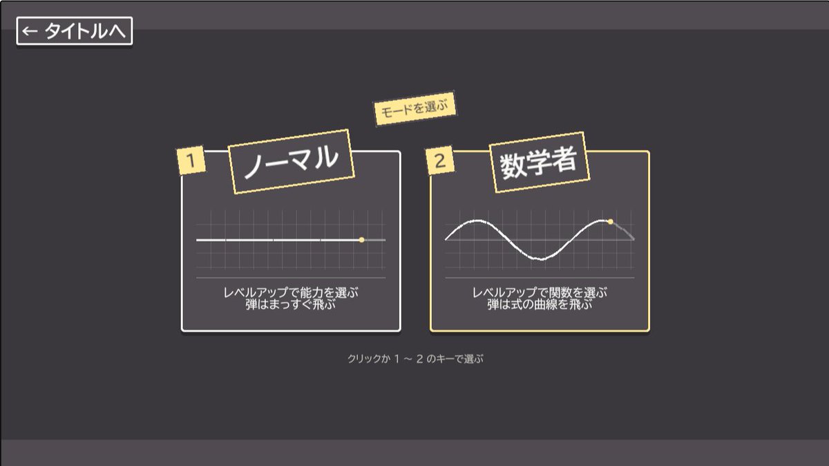 Roil_HCI's tweet photo. この塗りローグライクには、能力の代わりに弾道を関数で組み立てる「数学者モード」を実装しています
初期の弾道はf(x)=0
レベルアップでは
f(x)+g(x)
f(x)g(x)
f(g(x))
と関数を合成/変形して弾道を強化できます
独立した関数を獲得することも
例：x=Σaₖcos(nₖt), y=Σaₖsin(nₖt)
#unity1week https://t.co/lxDmlsMKdm