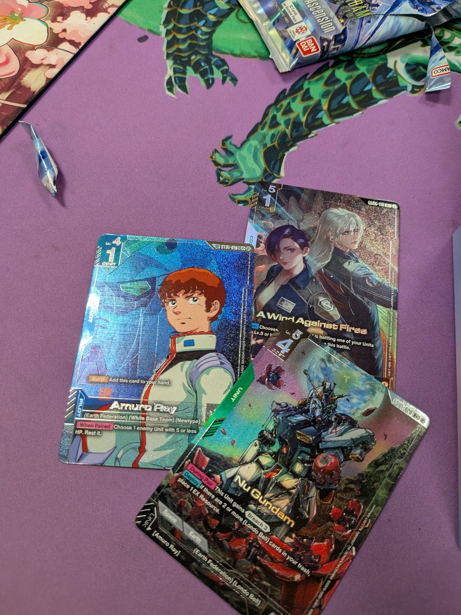 UniVercil's tweet photo. Last night's GD05 event was a blast. My box I got afterwards had some heat with the Amuro SP. Was also able to finish some trades to finish out my FF SP set and get one more Marida SP to get closer to finishing her set. https://t.co/WGcrWOrgNg