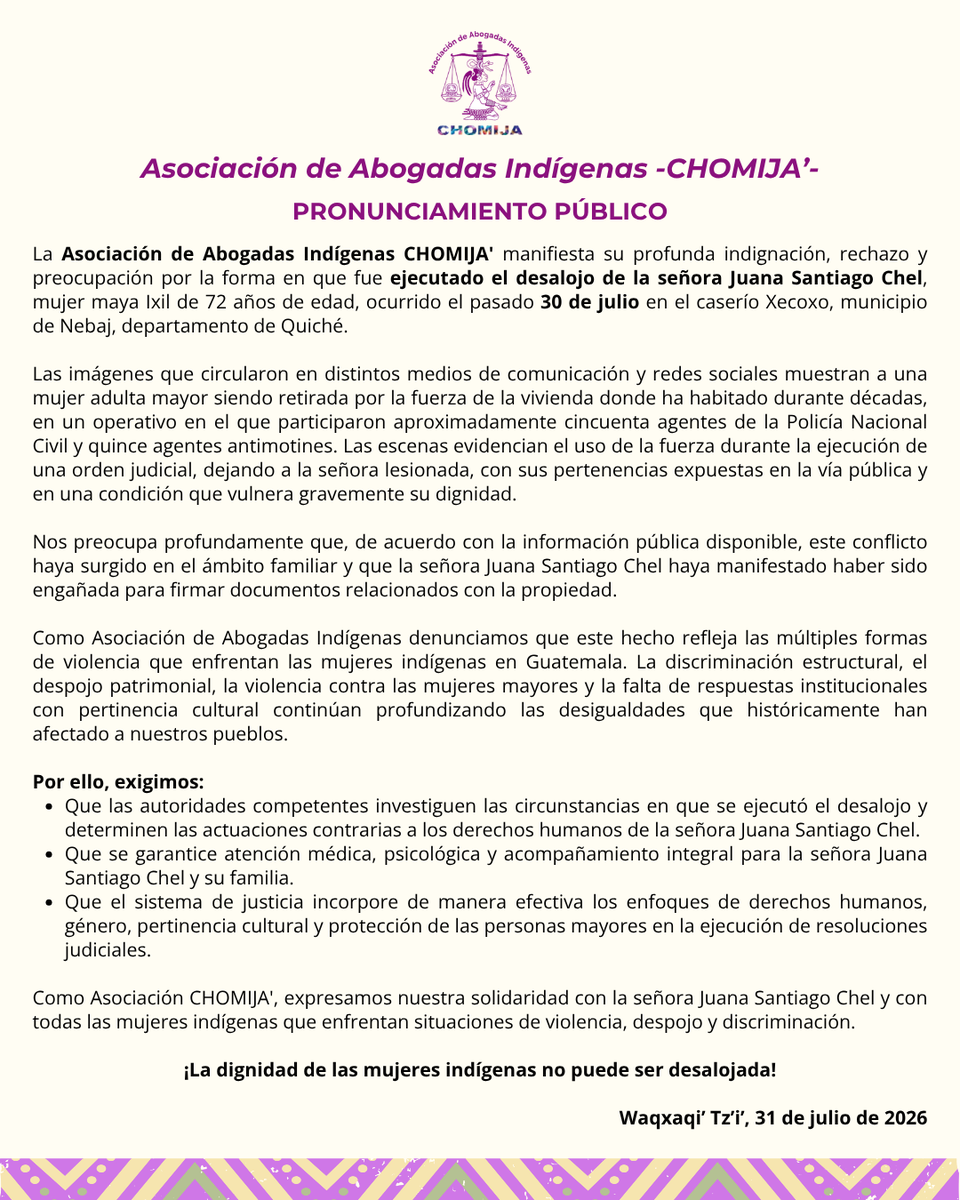 CHOMIJACAIMUS's tweet photo. #PRONUNCIAMIENTO Como Asociación CHOMIJA' reiteramos que el acceso a la justicia no puede limitarse al cumplimiento formal de una resolución judicial; debe garantizar que toda actuación respete la dignidad  humana, los derechos de las mujeres y los principios de proporcionalidad. https://t.co/1P9K97J2yC