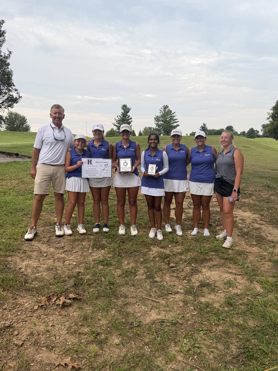 PurplesGolf's tweet photo. Girls Golf wins the Battle at the Creek today with a school record 297! 

8 girls played in a tournament this week, and 8 recorded personal best scores! 

Let’s go Purples! https://t.co/QRey3AByVe