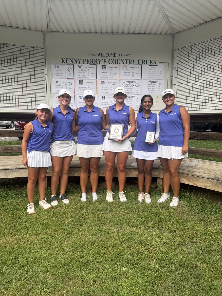 PurplesGolf's tweet photo. Girls Golf wins the Battle at the Creek today with a school record 297! 

8 girls played in a tournament this week, and 8 recorded personal best scores! 

Let’s go Purples! https://t.co/QRey3AByVe
