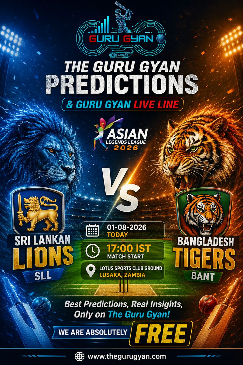 TheGuruGyanAI's tweet photo. Get Ready for #AsianLegendsLeague2026 Match
#SriLankanLions vs #BangladeshTigers
TODAY at 17:00
Live Score & FREE Predictions:
https://t.co/WE1dlr57Tj
#TheGuruGyan #LiveLine #FreeCricketPredictions #SLL #BANT
Read full article: https://t.co/WE1dlr57Tj https://t.co/tBrTxAjaCR