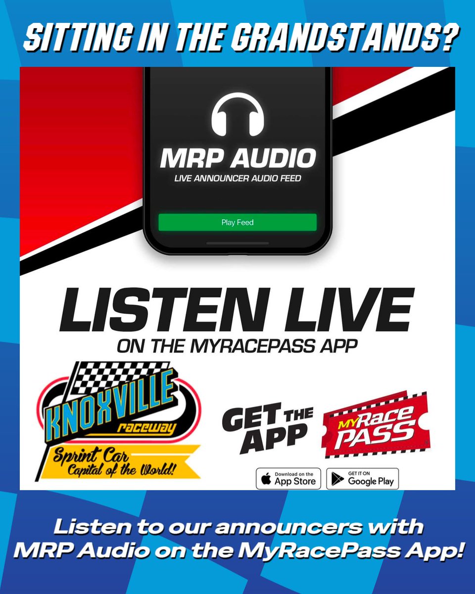 knoxvilleraces's tweet photo. Sitting in the grandstands? Now it’s never to loud to hear! Listen to our announcers with MRP Audio on the @MyRacePass App! #GetTheApp https://t.co/0ULWaJyx7k