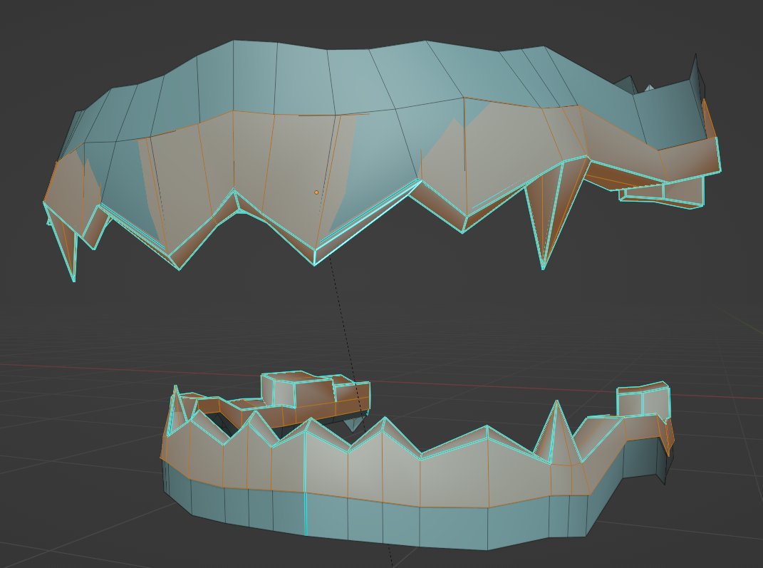 Significant_Jkl's tweet photo. Black double-hulled inverse normals shell mesh on just the tips of the teeth model so that when I create shapekeys in Blender, they are able to give the illusion of an outline for expressions where the teeth are pressed together and need to be distinct in some way. https://t.co/lYKGsXlx6O