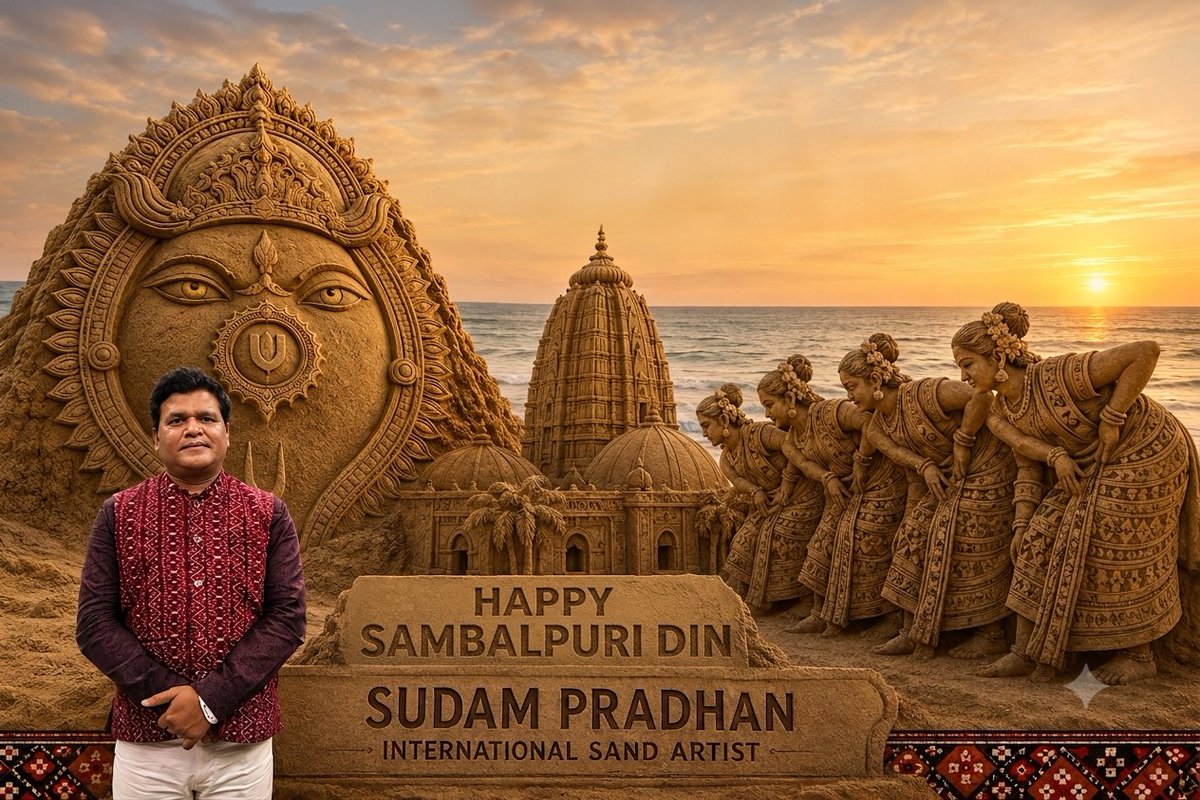InternSudam's tweet photo. Celebrating the rich heritage of Western Odisha on the eve of Sambalpuri Din., 
#SambalpuriDin #HappySambalpuriDin #SandArt #SandSculpture #SudamPradhan #InternationalSandArtist #Odisha #WesternOdisha #SambalpuriCulture #PrideOfOdisha #ArtForCulture https://t.co/pUacKrUVcF