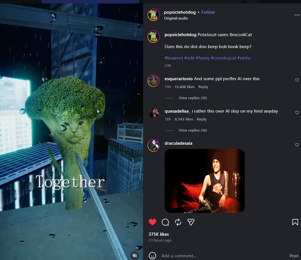Den_O1_'s tweet photo. Found this super viral instagram reel.

2.4 Million Views in 20 Hours, this is good.

BroccoliCat funny video with 500k likes.

Lets send this! https://t.co/nmAy3GC6z4