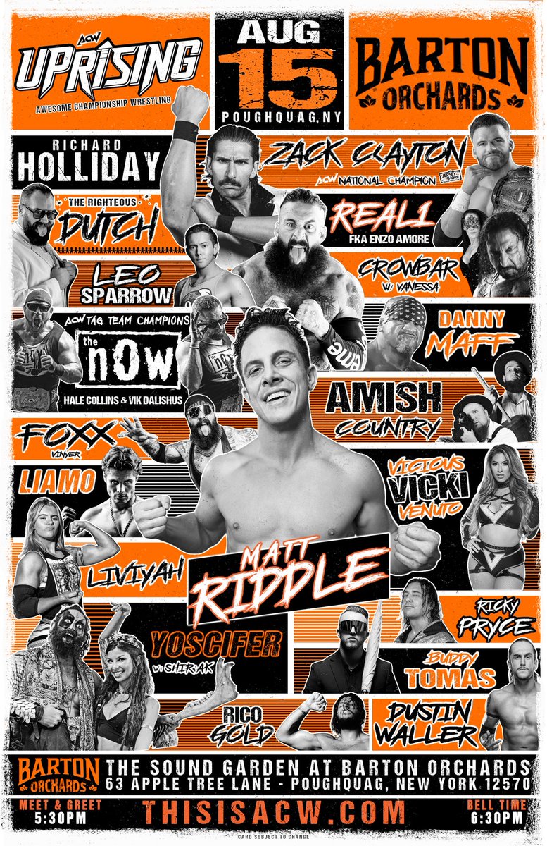 this_is_acw's tweet photo. ✴️ ACW: UPRISING 
📍 Barton Orchards
📅 Saturday, August 15

@SuperKingofBros @real1 @zackclayton @DEATHxWALKS @MostMarketable @ThenowVik @Hale_Collins @wcwcrowbar @DannyMaff1 @vicious_vicki_ @liviyahpw @NoSteakAllSizzl &amp; more!

https://t.co/0mXw0IJcay
#ProWrestling #HudsonValley https://t.co/eSHAOZbhkb