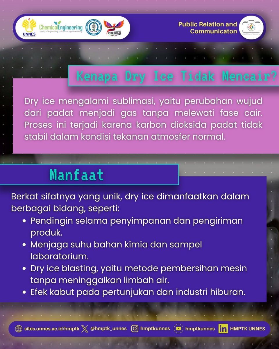 hmptk_unnes's tweet photo. Lalu, apa yang membuat dry ice banyak dimanfaatkan di berbagai industri?
Yuk, simak penjelasannya pada slide berikutnya! ✨

#ChemistAgustus
#SalamYesWeCan
#TeknikKimiaUNNES
#KabinetIntegrasi
#HMPTKUNNES https://t.co/yZ2TZJwhY6