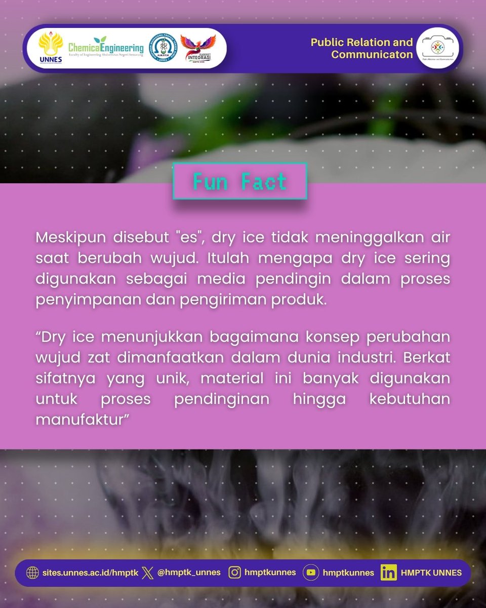 hmptk_unnes's tweet photo. Lalu, apa yang membuat dry ice banyak dimanfaatkan di berbagai industri?
Yuk, simak penjelasannya pada slide berikutnya! ✨

#ChemistAgustus
#SalamYesWeCan
#TeknikKimiaUNNES
#KabinetIntegrasi
#HMPTKUNNES https://t.co/yZ2TZJwhY6