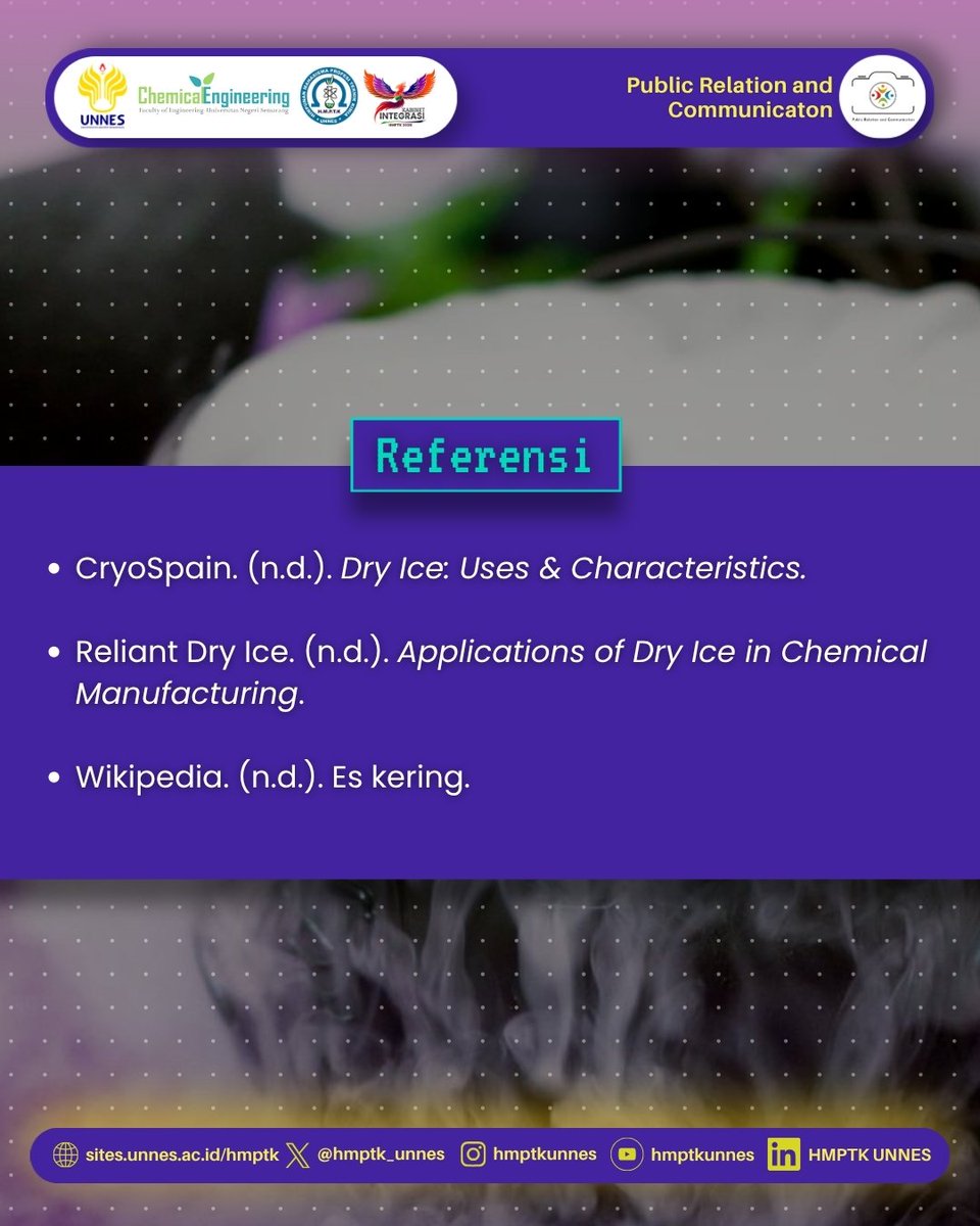 hmptk_unnes's tweet photo. Lalu, apa yang membuat dry ice banyak dimanfaatkan di berbagai industri?
Yuk, simak penjelasannya pada slide berikutnya! ✨

#ChemistAgustus
#SalamYesWeCan
#TeknikKimiaUNNES
#KabinetIntegrasi
#HMPTKUNNES https://t.co/yZ2TZJwhY6