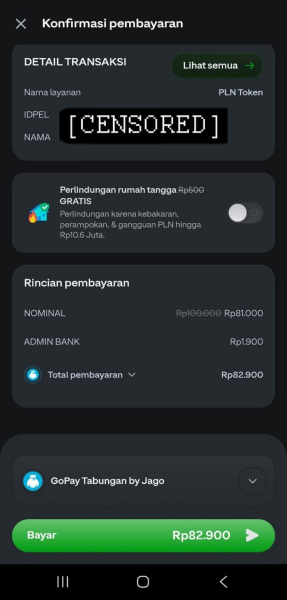 leanatinaya's tweet photo. token listrik tinggal dikit, kirain bakal keluar 100 ribu full 😭 eh ternyata di GoPay lagi ada promo Harga Merdeka. bayar 81rb aja udah dapet token 100rb. siapa yang nolak coba? #TOKENPLN81RIBU https://t.co/uhHOWdrJs6