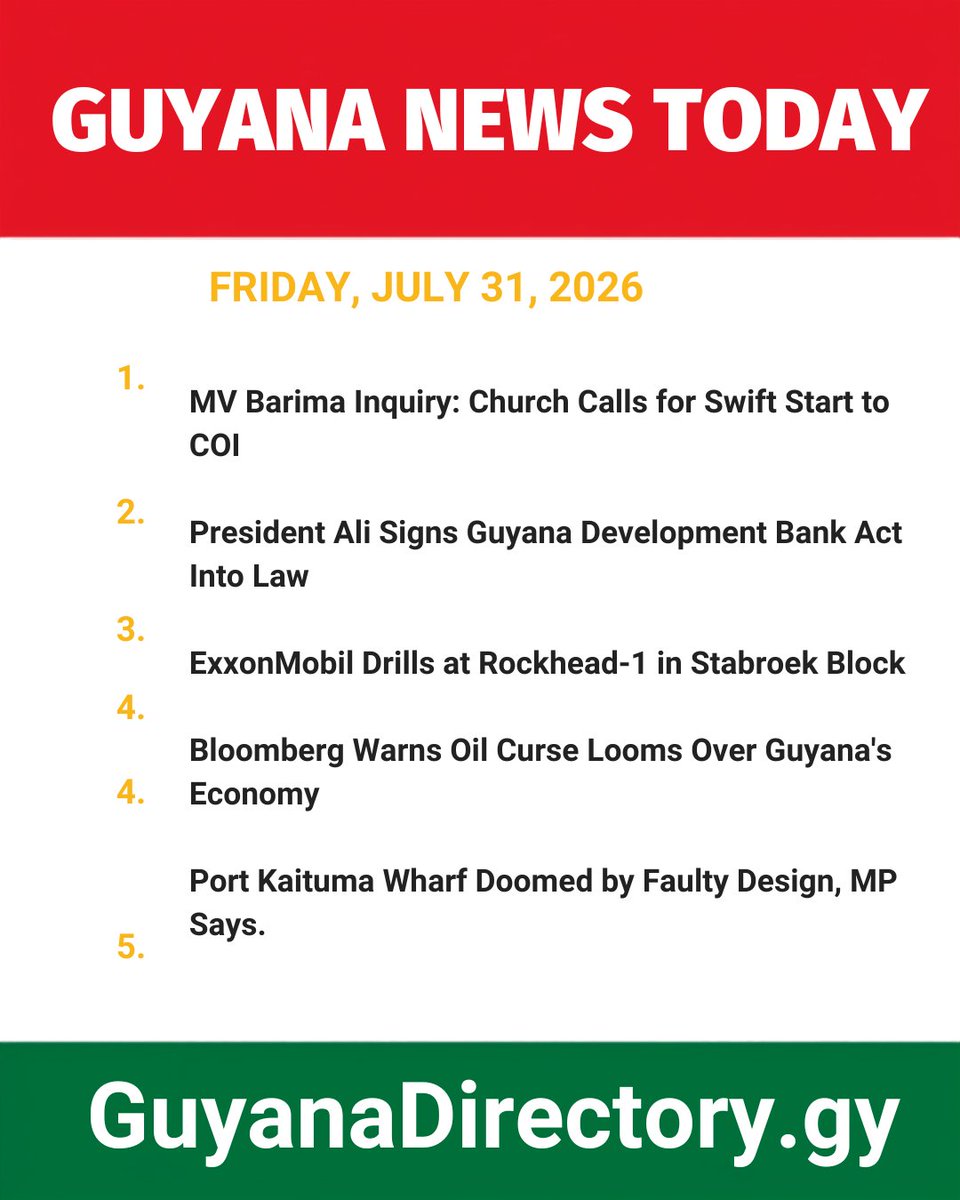 GuyanaDirectory's tweet photo. MV Barima COI urged to start swiftly as Ali signs Development Bank Act into law. ExxonMobil drills at Rockhead-1, Bloomberg flags oil governance gaps. https://t.co/eWo9M4WPXl #Guyana #GuyanaNews https://t.co/WyQsXQpvZE