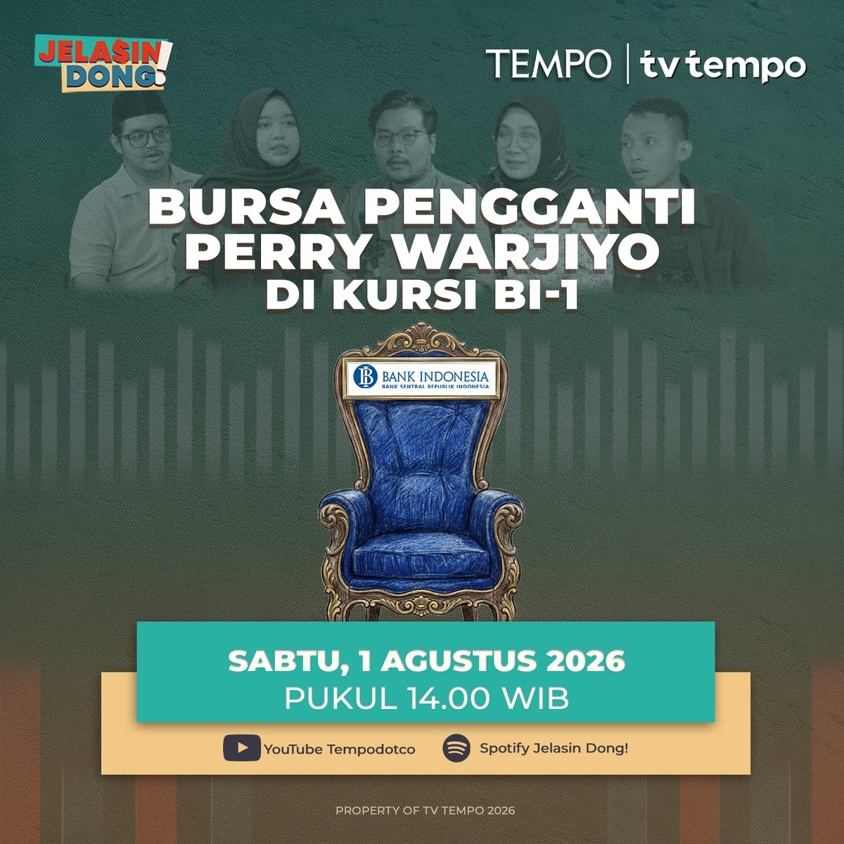 tempodotco's tweet photo. Bursa Pengganti Perry Warjiyo di Kursi BI-1

Beredar nama sejumlah tokoh yang disebut-sebut akan menggantikan Perry Warjiyo sebagai Gubernur Bank Indonesia. Apa dampaknya pada pasar keuangan?

Simak selengkapnya di program Jelasin Dong! Setiap Sabtu, pukul 14.00 WIB di Youtube Tempodotco dan Spotify Jelasin Dong!

#JelasinDong #Tempodotco