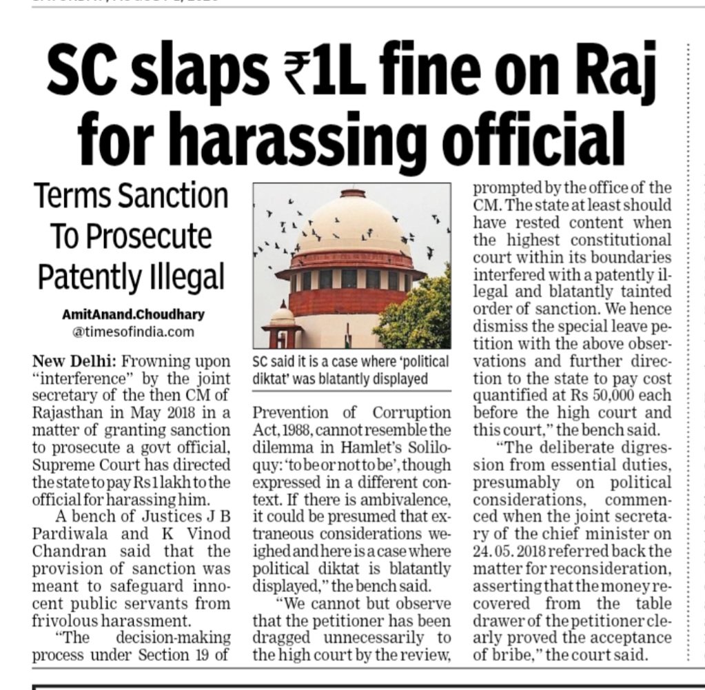 amitanandTOI's tweet photo. Rajasthan govt has been fined for harassing its official in 2018 for political consideration by Chief Minister office,  SC directs govt to pay Rs One lakh to the official https://t.co/JZT94uLXiY
