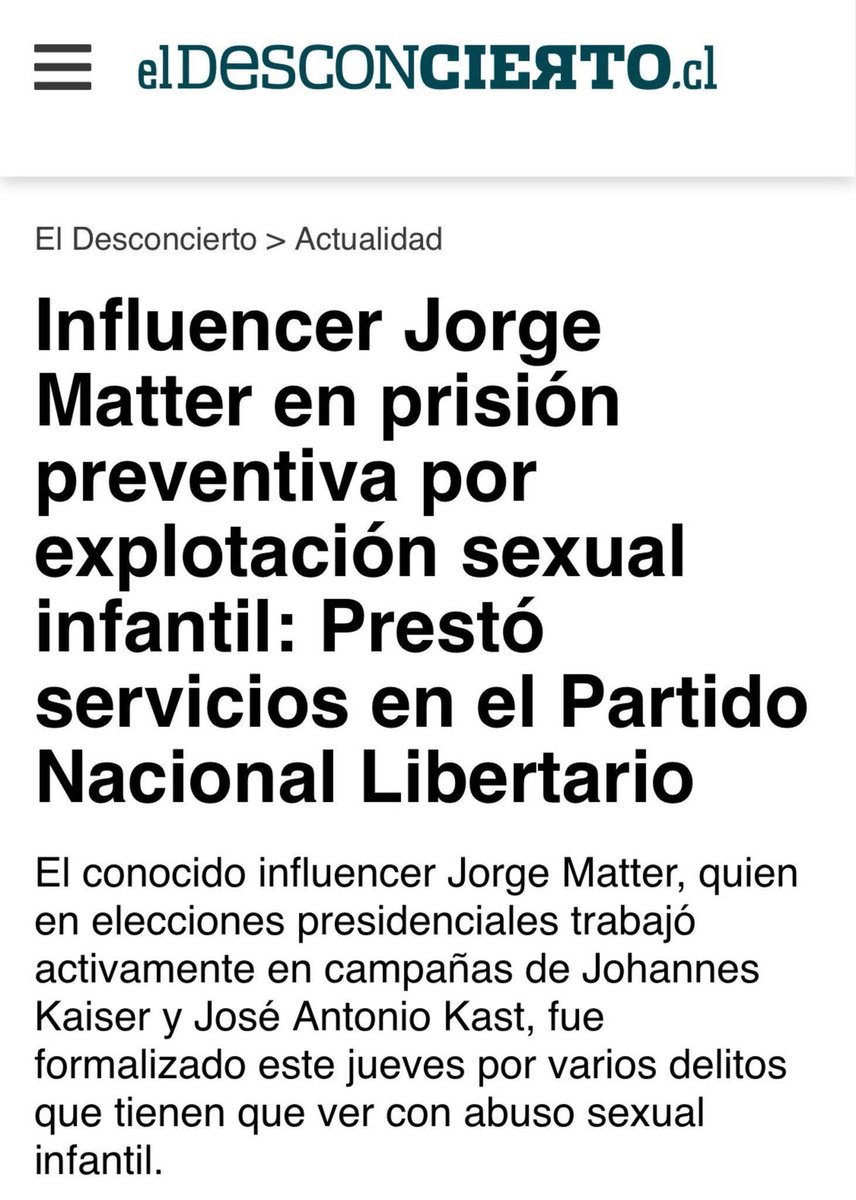 p4purrip0p's tweet photo. 🔴 Jorge Matter (participante activo de campaña de Kast y Kaiser) quedó en prisión preventiva, formalizado por delitos de explotación sexual infantil, además de otros graves cargos. https://t.co/MAqWKs0TFu