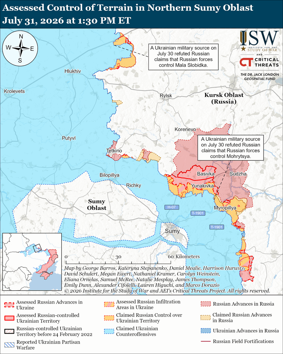 TheStudyofWar's tweet photo. NEW: The Russian Northern Grouping of Forces and high military command are likely lying to the Kremlin about the extent of Russian gains in northern Ukraine in order to further the narrative that Russian forces are actively advancing across the entire theater, including a part of the frontline that has been largely stagnant for nearly two years. 🧵(1/3)

The Kremlin is using these exaggerated claims of advance as part of its ongoing cognitive warfare effort to falsely portray Russian forces as advancing across the battlefield in order to convince Ukraine’s partners to abandon their support.

Available battlefield evidence does not corroborate Russian claims of advances in northern Sumy and Kharkiv oblasts.

Other Key Takeaways ⬇️