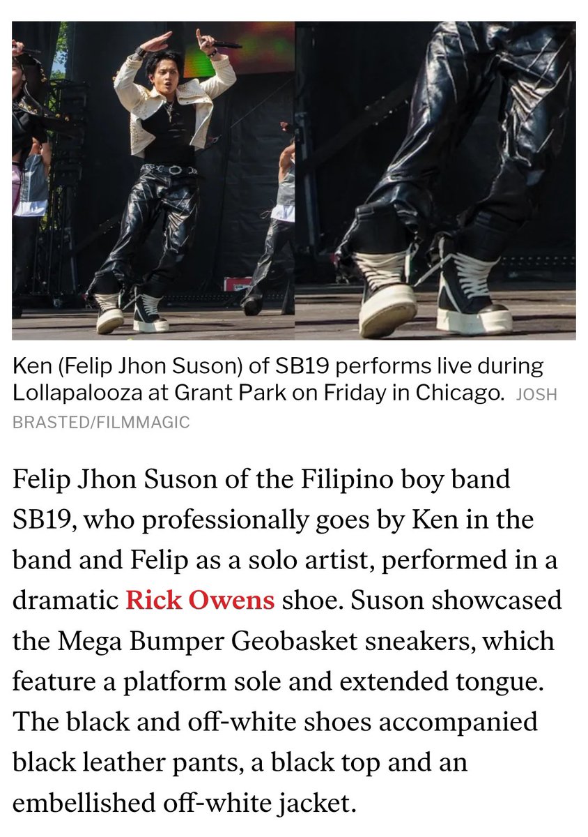 FELIPsusonID's tweet photo. #SB19_KEN UPDATE | 010826

Our fashion king got a fashion shoutout from @wwd!!!!
Boldest onstage shoe moments indeed ✨

Oh to have the fashion industry put their eyes on YOU in one of the biggest international stage 🥹✨

© WWD

#FELIP @felipsuperior
#SB19 #SB19atLollapalooza https://t.co/5Kjkt09cQ5