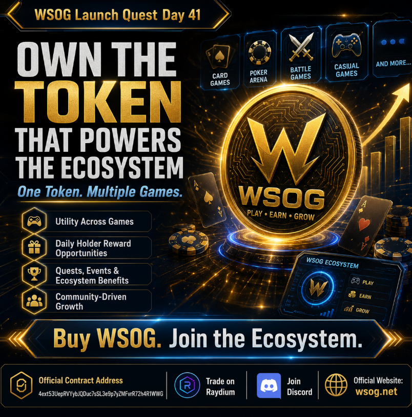 wsog_net's tweet photo. 🚀 WSOG Launch Quest Day 41

💎 DON’T JUST WATCH THE ECOSYSTEM GROW. BE PART OF IT.

WSOG is not a token created only for trading.

It is the token designed to connect every game, competition, reward system, and player within the growing WSOG ecosystem.

By holding WSOG, you can become part of an ecosystem built around:

🎮 Utility across multiple games
🏆 Competitions and player rewards
💰 Daily holder reward opportunities
🎁 Future quests, events, and ecosystem benefits
🌍 A growing global gaming community

As more games and features are added, WSOG will gain more ways to be used across the ecosystem.
Yesterday, the token launched.
Today, the WSOG economy begins.
Don’t just follow the journey.
Hold the token that powers it.

📄 Official Contract Address

4ext53UepRVYybJQDuc7sSL3e9p7yZMFvrR72h4R1WWG

📈 Get WSOG on Raydium

https://t.co/cQ6AklNRZG

💬 Join Discord
https://t.co/KYrMgQJPDp

🌐 Official Website
https://t.co/XGHUJH1Iwf

One Token. Multiple Games.
Play it. Hold it. Grow with it. 🚀

Always verify the official contract address before trading. Holder rewards and ecosystem benefits are subject to applicable program conditions.