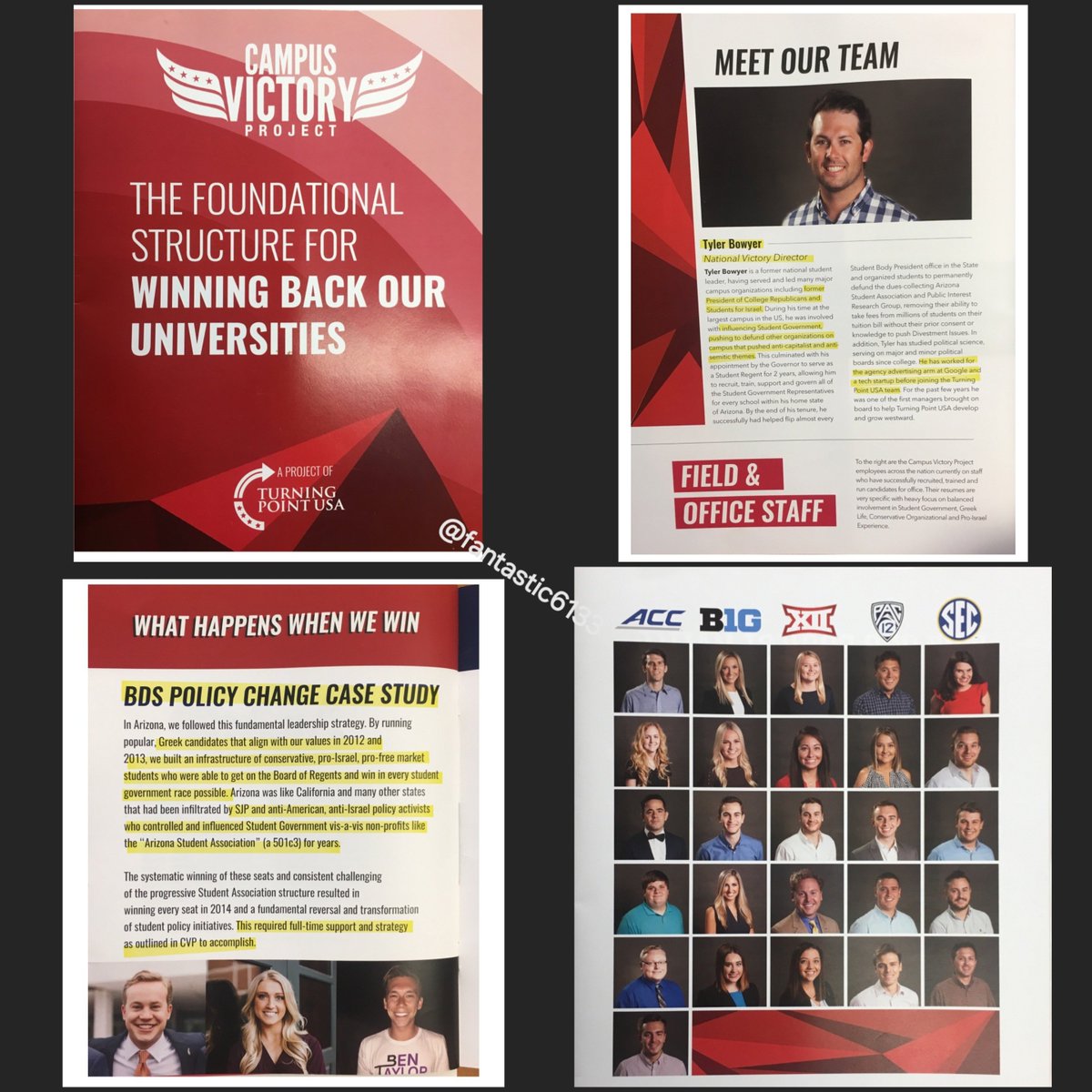 Fantastic6133's tweet photo. A 25-page CVP Goysh*t propaganda pamphlet from 2017. Campus Victory Project is an Israel-TPUSA collab.
CVP's 2017 National Victory Director was the only one to get a full-page in the pamphlet, with his lying face on it, too.
@tylerbowyer #TPUSA #CVP https://t.co/z9l9F9tyuh