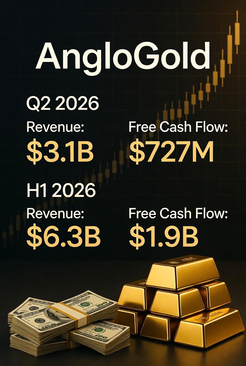 SalehAlmenawer's tweet photo. AngloGold Q2 earnings just dropped.

Q2 2026:

Revenue: $3.1B  
EBITDA: $2B (+46%)  
Free cash flow: $727M (+36%)  
72c dividend + $2B buyback 

H1 2026:

Revenue: $6.3B (+44%)  
EBITDA: $4.3B  
Free cash flow: $1.9B (doubled) https://t.co/l1oKL21Qzv