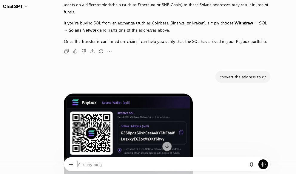 Frame_Up's tweet photo. @moonpay @moonpay Crazyyy! Just tried small transact via Chatgpt,  converting address to QR for easy transaction. Flawless! But no airdrop hehe https://t.co/fxnU1xrMSg