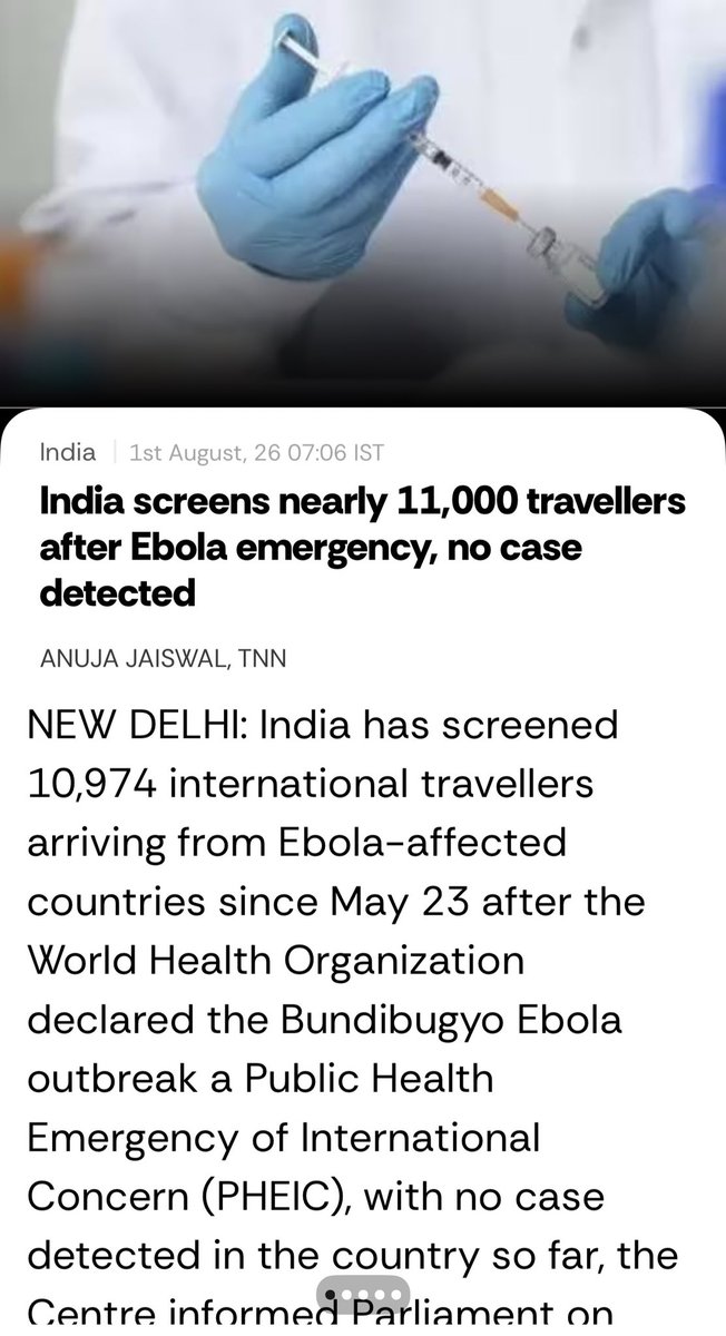AnujaJaiswalTOI's tweet photo. #India has #screened 10,974 international travellers arriving from #Ebola-affected countries since May 23 after the #WorldHealthOrganization declared the Bundibugyo Ebola outbreak a Public Health Emergency of International Concern (PHEIC), with no case detected in the country so far, the Centre informed Parliament on Friday. @timesofindia @MoHFW_INDIA @JPNadda