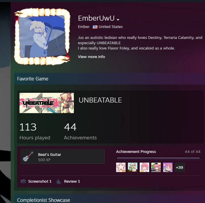 EmberTheTranny's tweet photo. <3 got my unbeatable 100% today. i honestly never thought id get it when i first got in The game cuz of The fc achievement and especially 10 stars but. here i am. i’m so fucking happy ahah yYayayyayayay. https://t.co/jRvsUYVbji
