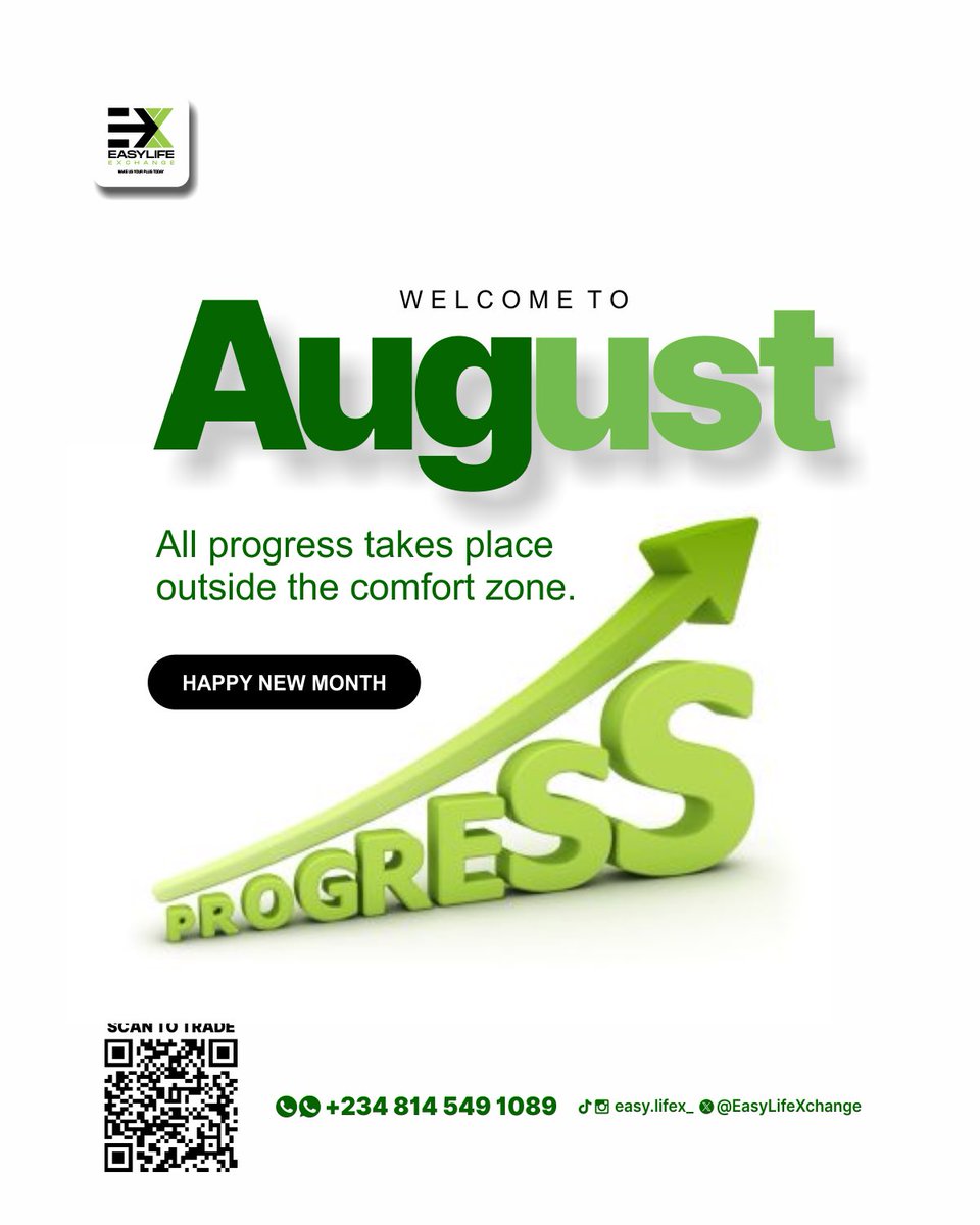EasyLifeXchange's tweet photo. Welcome to August
All progress takes place outside the comfort zone.
As we step into a new month, let this powerful truth set the tone for everything ahead. Real growth never happens while we remain in familiar, safe spaces. It demands courage — the decision to stretch further, to take calculated risks, and to move deliberately beyond what feels comfortable. Every meaningful breakthrough begins the moment we choose discomfort over stagnation.
At EASYLIFEXCHANGE, we understand that progress is not accidental. It is the result of consistent action, clear vision, and the willingness to evolve. This August, we invite you to treat the month as a fresh canvas: set higher targets, refine your strategies, strengthen your discipline, and step confidently into new opportunities. Whether you are building wealth, expanding your network, upgrading your lifestyle, or simply committing to personal excellence, the path forward lies outside the boundaries of yesterday’s comfort.
Here at EASYLIFEXCHANGE, we are committed to walking that path with you. Our platform is designed to simplify complexity, open doors to smarter possibilities, and provide the tools and support you need to turn ambition into measurable results. We believe that when individuals push past their limits, communities rise, and success becomes shared.
So as August unfolds, challenge yourself. Embrace the stretch. Take the step that feels slightly uncomfortable today — because that is precisely where tomorrow’s progress is waiting.
Here’s to a bold, focused, and transformative August. May this month mark the beginning of your next level.
Happy new month from all of us at EASYLIFEXCHANGE.

Start trading today →​​​​​​​​​​​​​​​​​​​​​​​​​​​​​​​​​​​​​​​​​​​​​​​​​​https://t.co/qRCu2Qp3tc visit us now.