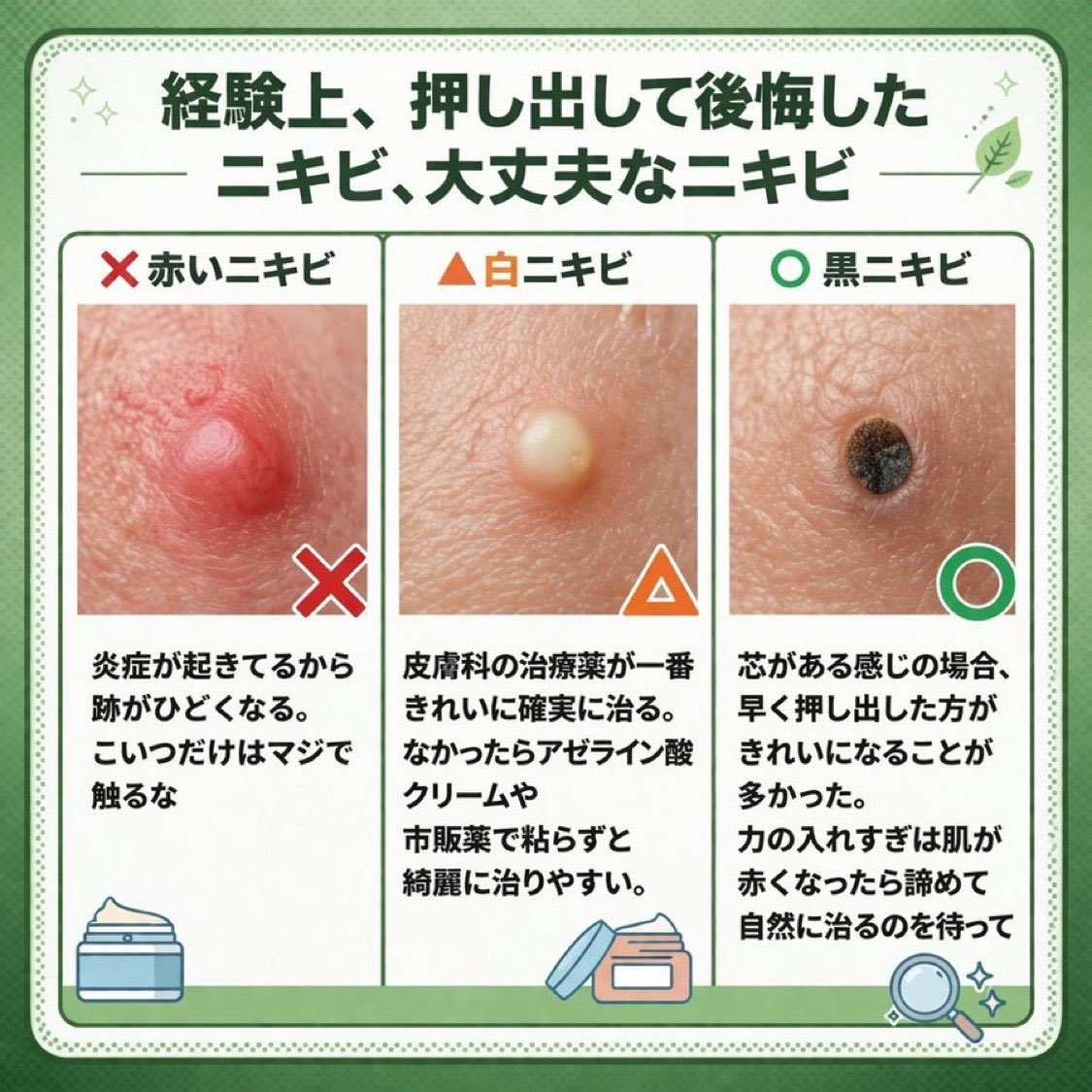 sukuus_mari's tweet photo. 経験上で触ってダメなニキビ、良いニキビがあった

ダメ→赤ニキビ。炎症が悪化するからマジで触るな
よくない→白ニキビ。皮膚科の治療薬が跡にならなずに治る
良かった→黒ニキビ。押し出した方が早くきれいになる

芯がある感じのニキビは触るのあり https://t.co/nuP0S6by39