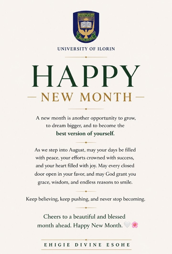 DivineEhig76220's tweet photo. Happy New Month🤍

May this month bring you peace, progress, answered prayers, and countless reasons to smile. Wishing you a blessed August!

#HappyNewMonth #AugustBlessings #UNILORIN #Growth #Grace https://t.co/nWLUpZhyYu