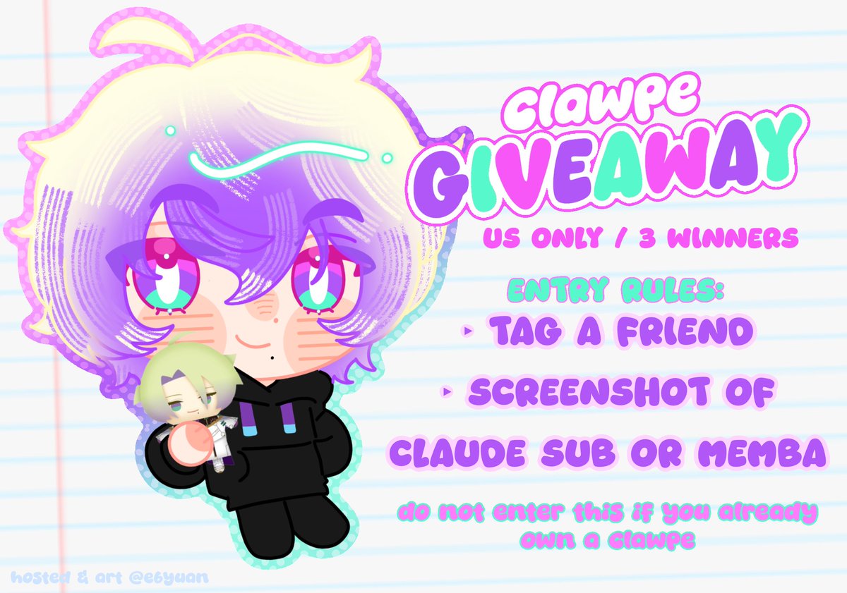 e6yuan's tweet photo. [US ONLY] CLAWPE GIVEAWAY — 3 WINNERS

hi i'm giving away three claude clawmark puppets!

ENTRY:
— TAG A FRIEND
— SS OF CLAUDE SUB OR MEMBA

YOU MUST BE OKAY WITH SHARING YOUR ADDY!

ends: august 7th 12am cdt https://t.co/9DuQpojFDf