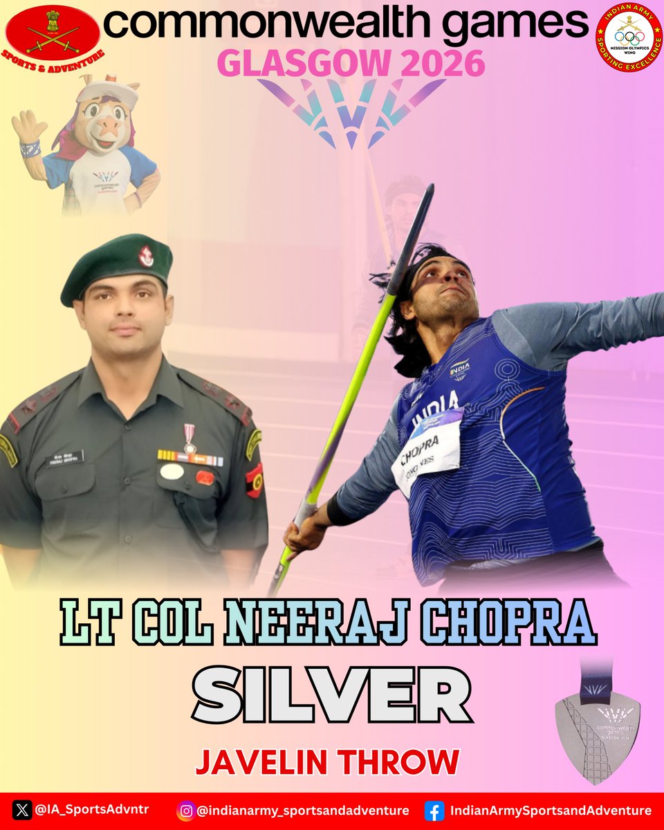 IA_SportsAdvntr's tweet photo. Honorary Lieutenant Colonel Neeraj Chopra,PVSM, VSM,
Padma Shri of Territorial Army  continues to inspire the nation 🇮🇳 with yet another podium finish. 
Wins 🥈 in Men’s Javelin at the #CommonwealthGames2026, Glasgow with a throw of 85.83m. A mark of consistency, class, and champion mindset. 🇮🇳 A true standard-bearer of #IndianArmy and  #Indianathletics on the global stage.

#MissionOlympicsWing #Glasgow2026 
#Cheer4Bharat

@adgpi 
@NorthernComd_IA @easterncomd 
@westerncomd_IA
@SWComd_IA
@IaSouthern