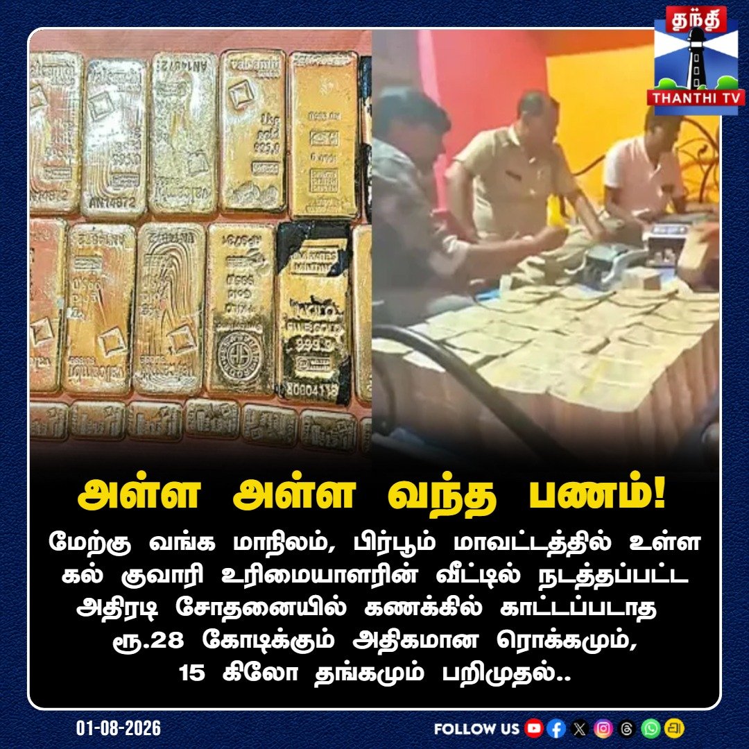 ThanthiTV's tweet photo. மேற்கு வங்கத்தில் அதிரடி சோதனை: கல்குவாரி உரிமையாளர் வீட்டில் ரூ.28 கோடி ரொக்கம் மற்றும் 15 கிலோ தங்கம் பறிமுதல்!
#WestBengal #CashSeizure #GoldSeize #Birbhum #PoliceRaid #CrimeNews #ThanthiTV https://t.co/DmECBU03fN