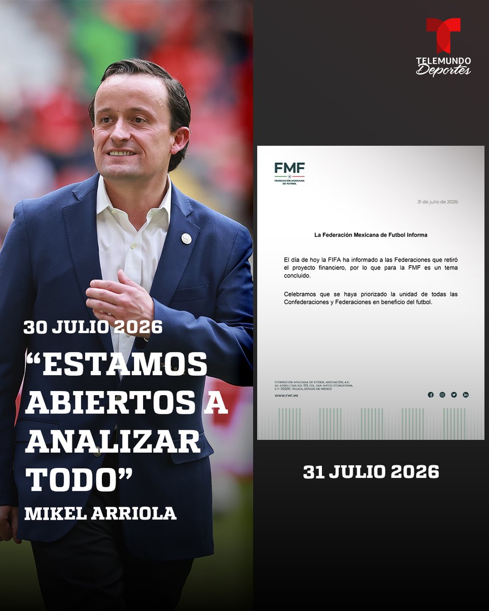 TelemundoSports's tweet photo. 🚨 ¡CAMBIO DE DISCURSO EN 24 HORAS! 🇲🇽⚽️

Mikel Arriola estaba para "analizar todas las opciones", pero tras el freno de la FIFA, la FMF dio por cerrado el tema tan sólo un día después de sus declaraciones. 🤝📋

¿Qué te pareció la postura de la Federación? 👇👀

#LigaMXTelemundo #LigaMX #FIFA #FMF #MikelArriola