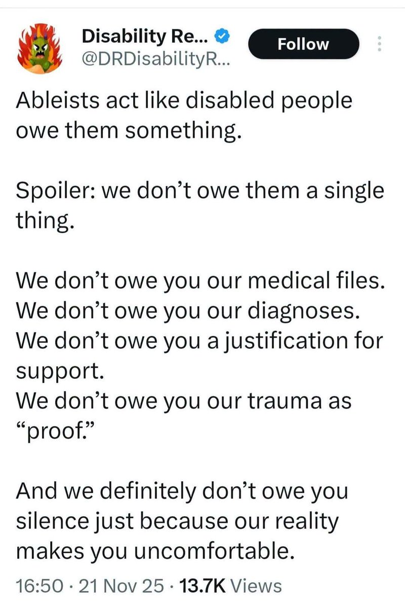 Onechaoticmind4's tweet photo. Saw this on FB. They're right, I don't owe anyone anything!
#disability #disabled #chronicillness #chronicallyill #mentalillness #AbleistSociety #humanrights #WeAreHumanBeings #coexist #coexistence #inclusive #disabilityrights #disabilityacceptance #disabilitytwitter https://t.co/aWSOGdQIiq