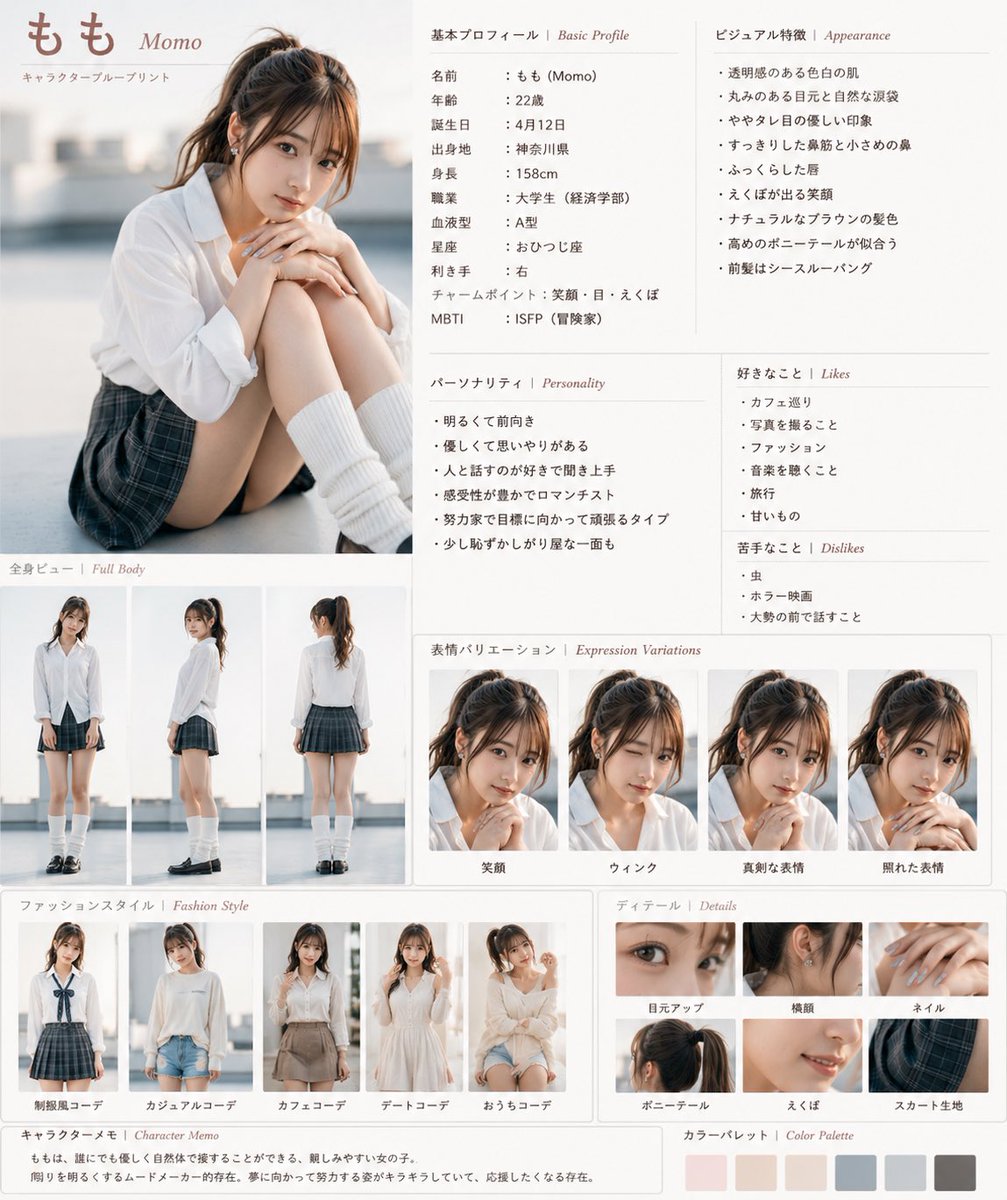 Ai_akamon's tweet photo. キャラクターを固定するのにこれを作ってます。
ChatGPTに画像を投げて「キャラクターブループリント作って」と指示するだけでOKです。

⁠#AIグラビア⁠ ⁠#AI美女⁠ ⁠#AIグラビアモデル⁠ ⁠#AI룩북⁠ ⁠#AI正妹⁠ https://t.co/MQ1BnuBKxa